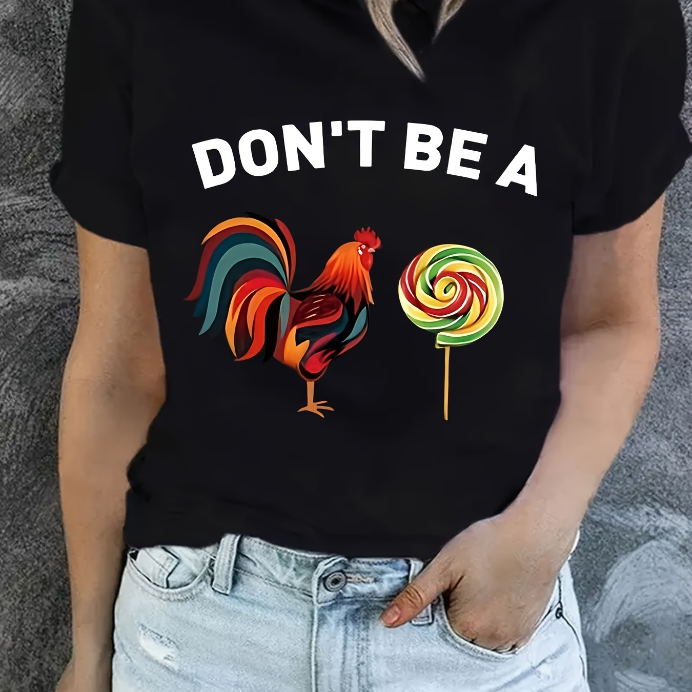 

Colorful Chickens & Lollipop Print T-shirt, Short Sleeve Crew Neck Casual Top For Summer & Spring, Women's Clothing