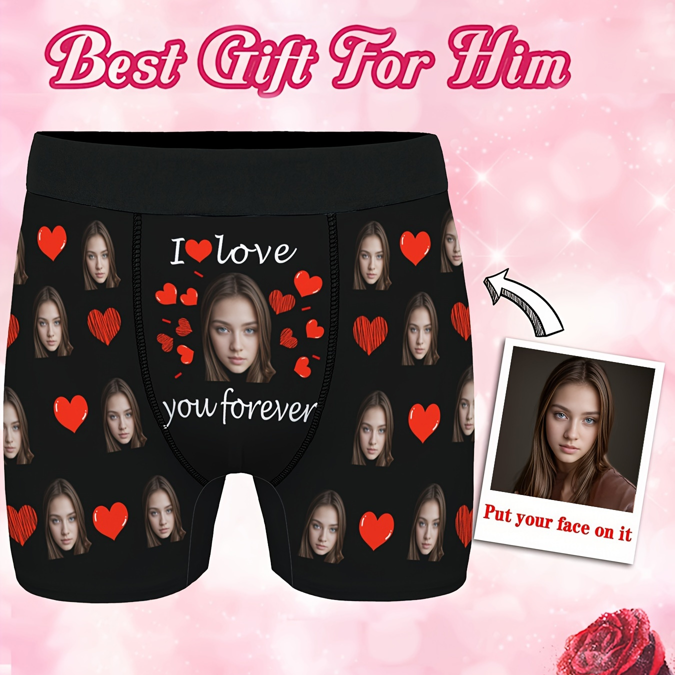 

Custom Men's Underwear Face Photo Personalized Boxer Briefs For Boyfriend Husband, I Love You Forever Print Fashion High Elastic Comfortable Underpants Holiday Gifts For Him