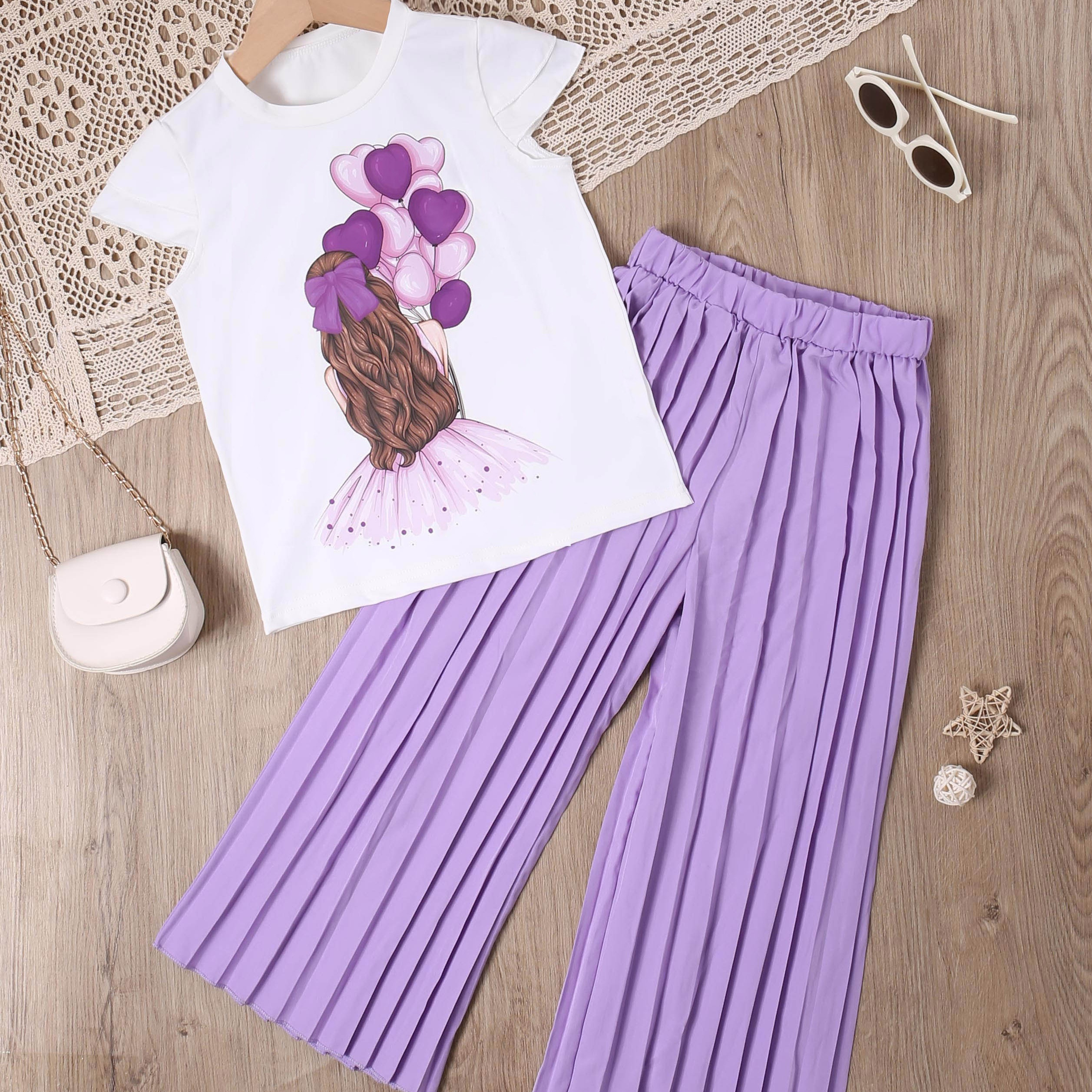 

Girls Stylish & Comfy Summer Outfit, 2pcs/set Cartoon Girl Graphic Print Cap Sleeve Tee & Solid Colored Pleated Pants For Spring & Summer