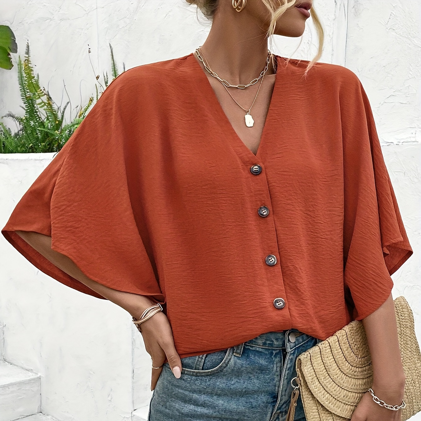 

Solid Color Button Front Blouse, Casual V Neck Flutter Batwing Sleeve Top For Spring & Summer, Women's Clothing