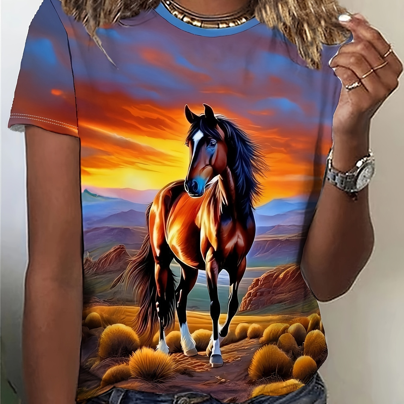 

Horse Print Crew Neck T-shirt, Casual Short Sleeve T-shirt For Spring & Summer, Women's Clothing
