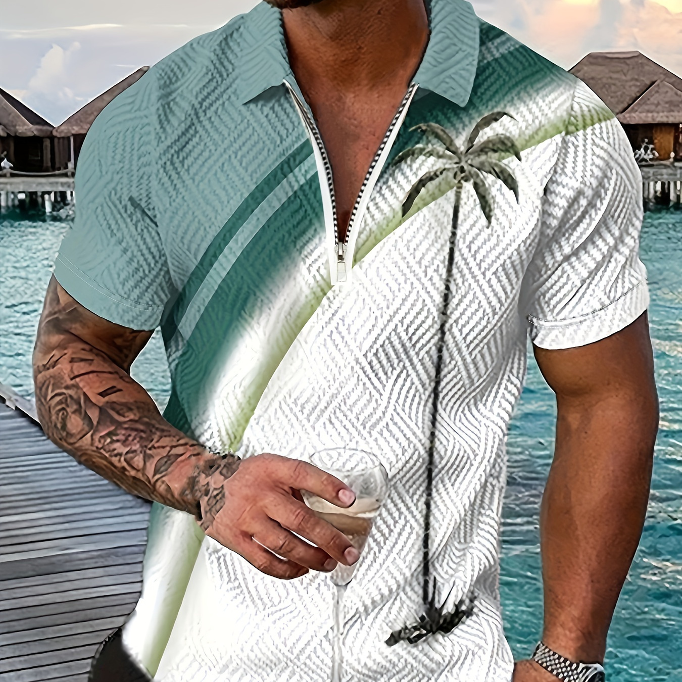 

Chemise À Manches Courtes Et Revers Pour Hommes, Imprimé Cocotier, Bloc De Couleurs, Fermeture Éclair, Vacances D'été À La Plage