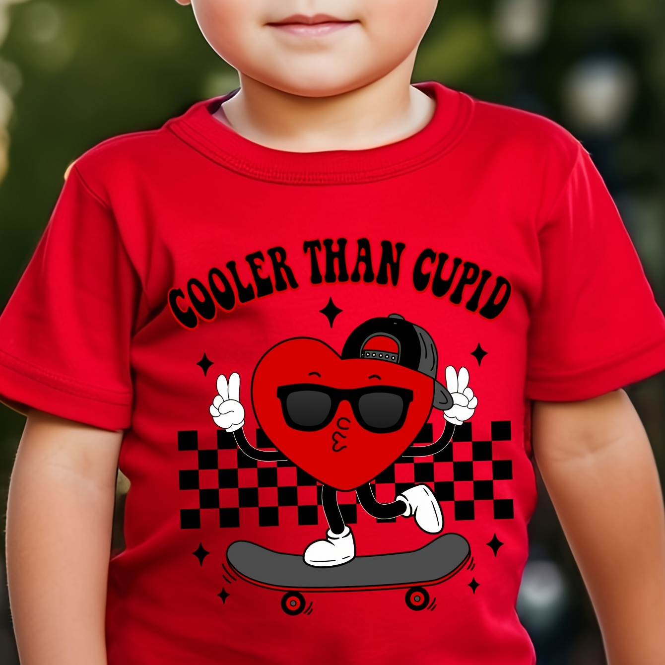 

Chicfull Boys' Casual Crew Neck T-shirt, Cooler Than Cupid Skateboard Heart Print, Polyester Knit Fabric With Slight Stretch, For Children Aged 12 And Under, Spring/