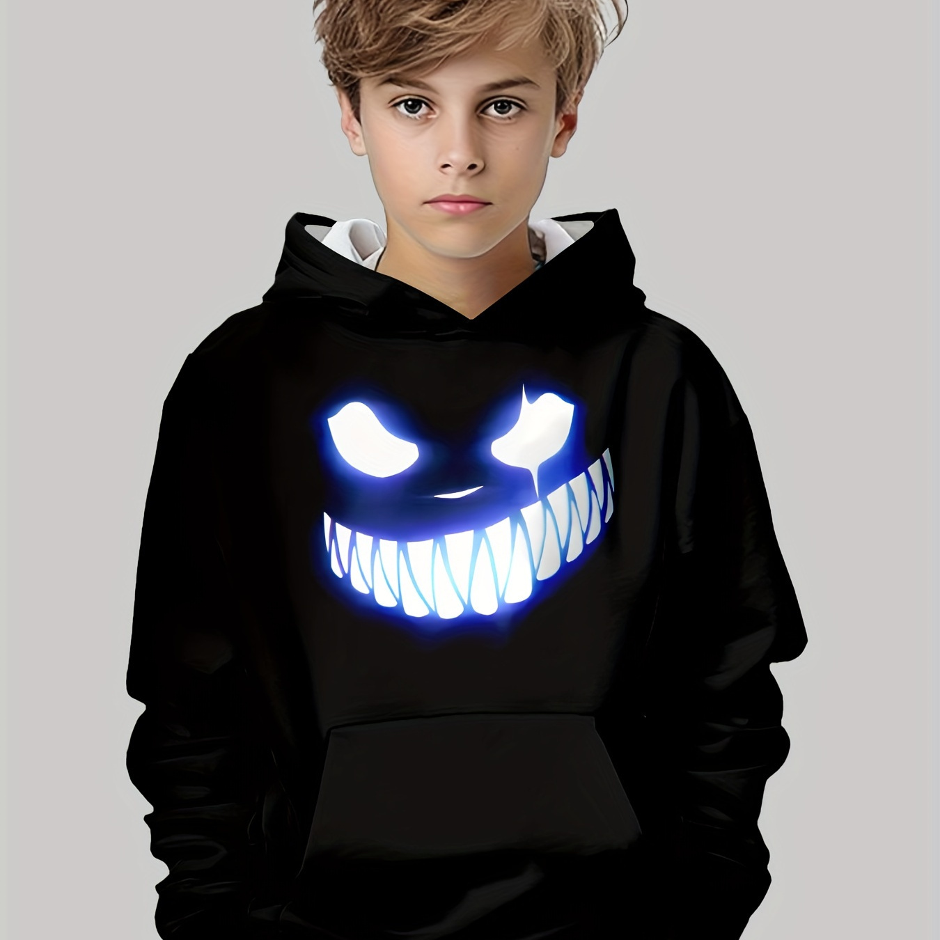 

Stylish Monster Face 3d Print Hoodies For Boys - Casual Graphic Design With Stretch Fabric For Comfortable Spring/autumn Wear