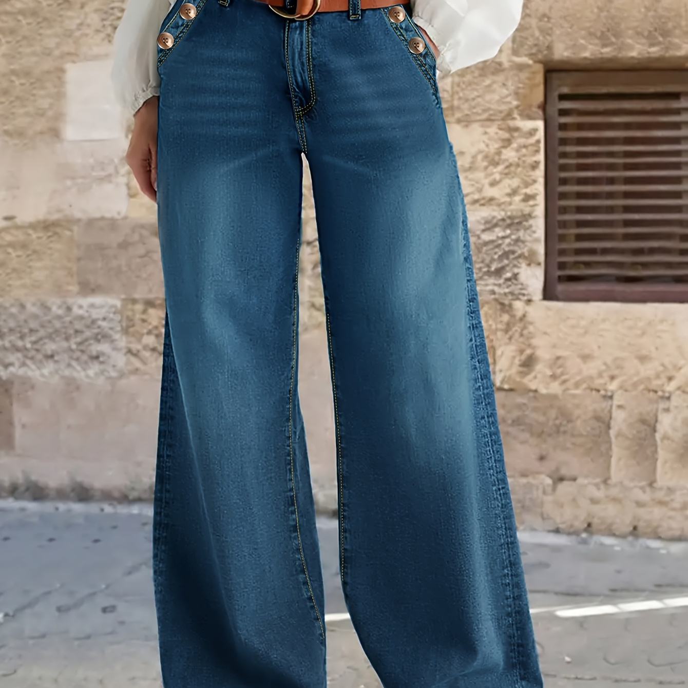 

Ladies' Casual Wide Leg Pants, With A Built-in Zipper At The And Pockets For Comfortable