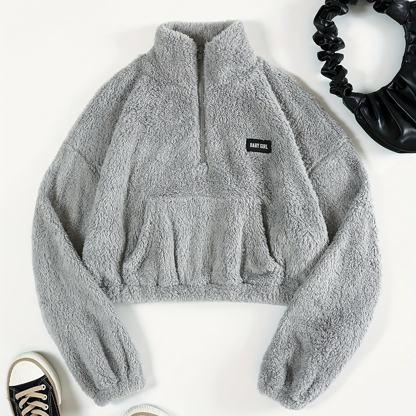 

Women's Casual Grey Zip-up Sweatshirt With High Neck - Soft Polyester, Machine Washable