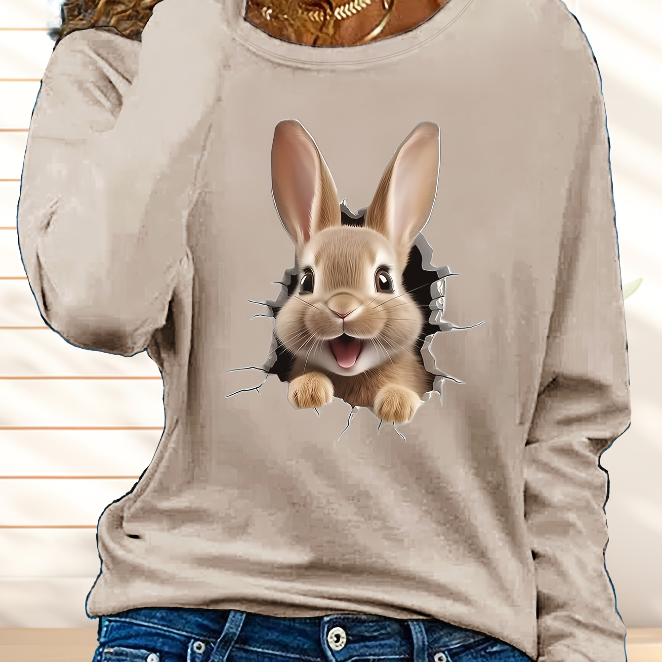 

Women's Easter Bunny Graphic Long Sleeve T-shirt - Casual Crew Neck, 100% Polyester, Machine Washable, Blue With Rabbit Design