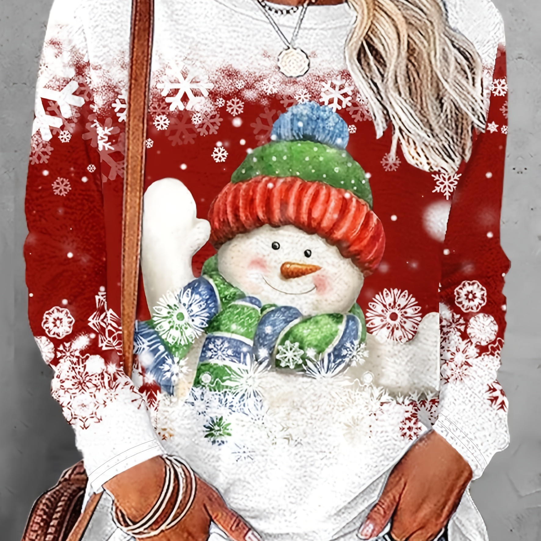 

Snowman & Snowflake Print T-shirt, Casual Crew Neck Long Sleeve Top For Spring & Fall, Women's Clothing