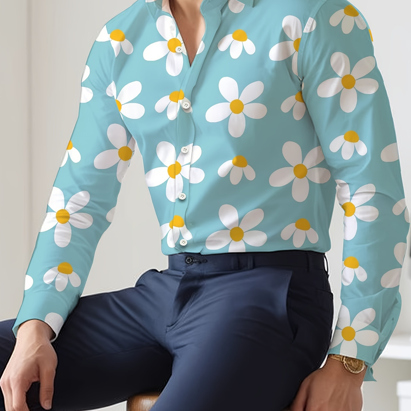 

Men's Formal Dress Shirt With Floral Print - Polyester & Elastane Blend, Non-transparent, All-season Wear