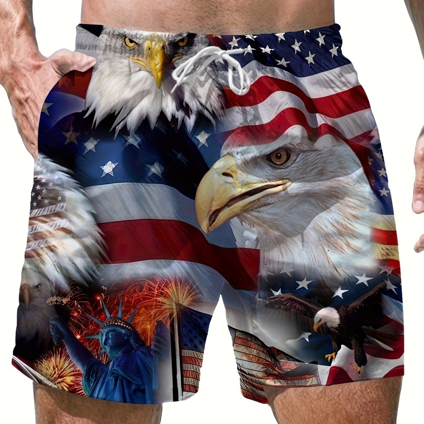 

Men's Summer Fashion Independence Day Theme 3d Digital Eagle And American Flag Board Shorts, Chic And Stylish Drawstring Shorts For Summer Daily Leisurewear