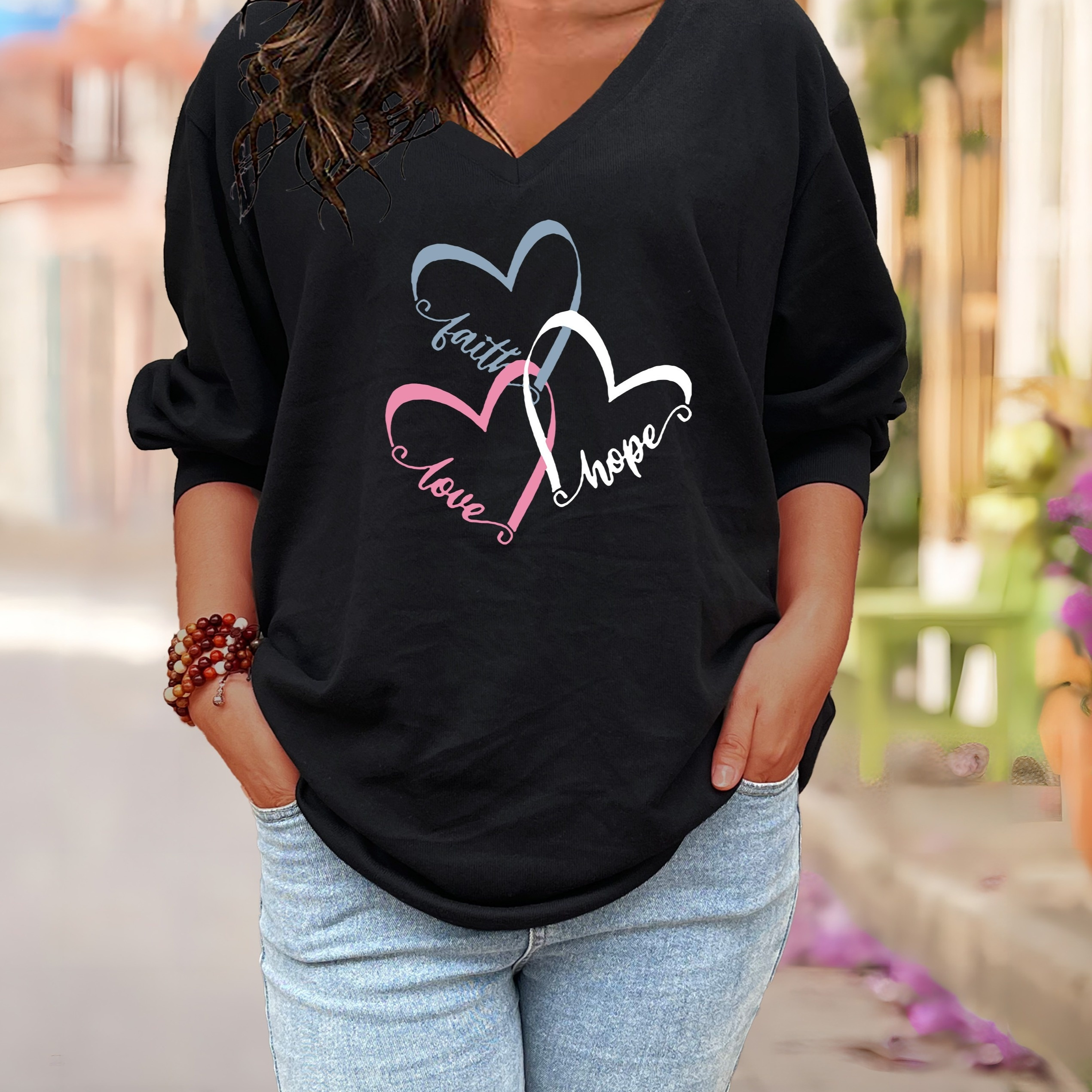 

Women's Plus Size Casual V-neck Tunic With Letter Print - Stretchy, Loose Fit Long Sleeve Top For Fall/winter