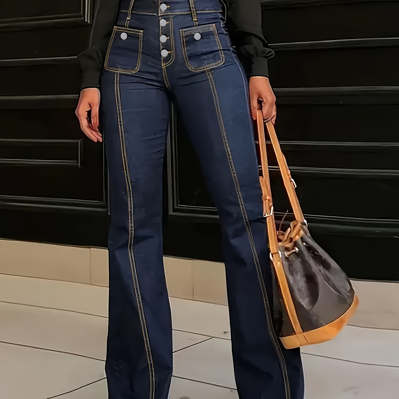 

Pantalon élégant en denim évasé à pinces, taille haute, uni, délavé foncé, grande taille, pour femme.