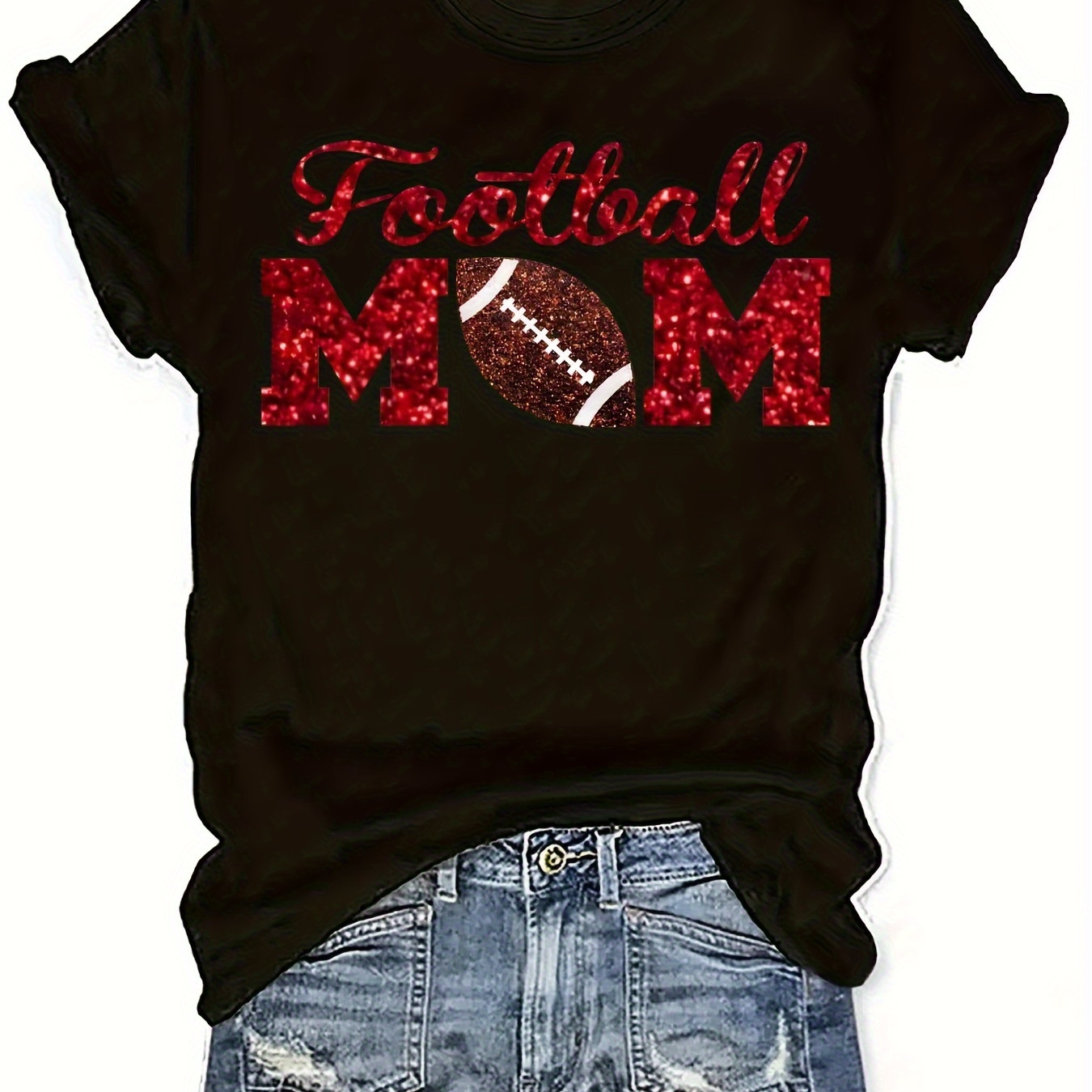 

Football Mom Print Crew Neck T-shirt, Short Sleeve Casual Top For Summer & Spring, Women's Clothing