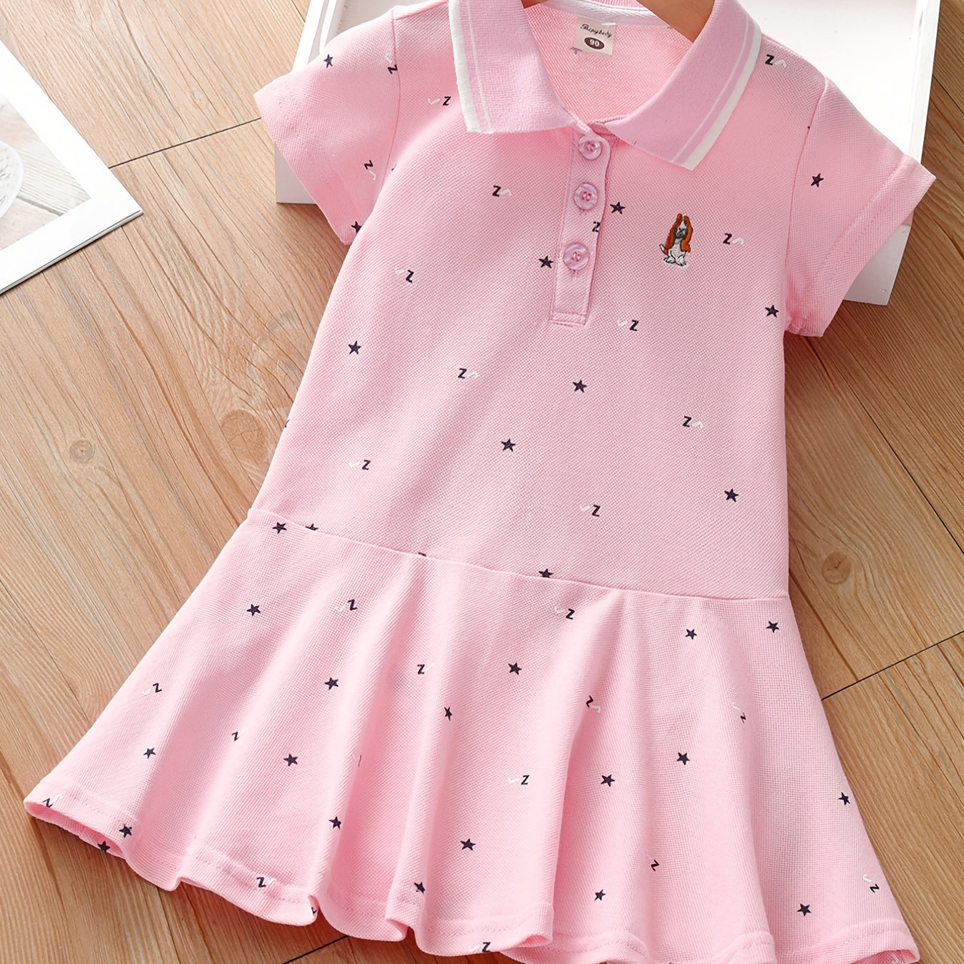 

Girls Comfy Cotton Preppy Embroidery Stars Print Button Ruffle Hem Short Sleeves Sports Dress Kids Summer Clothes