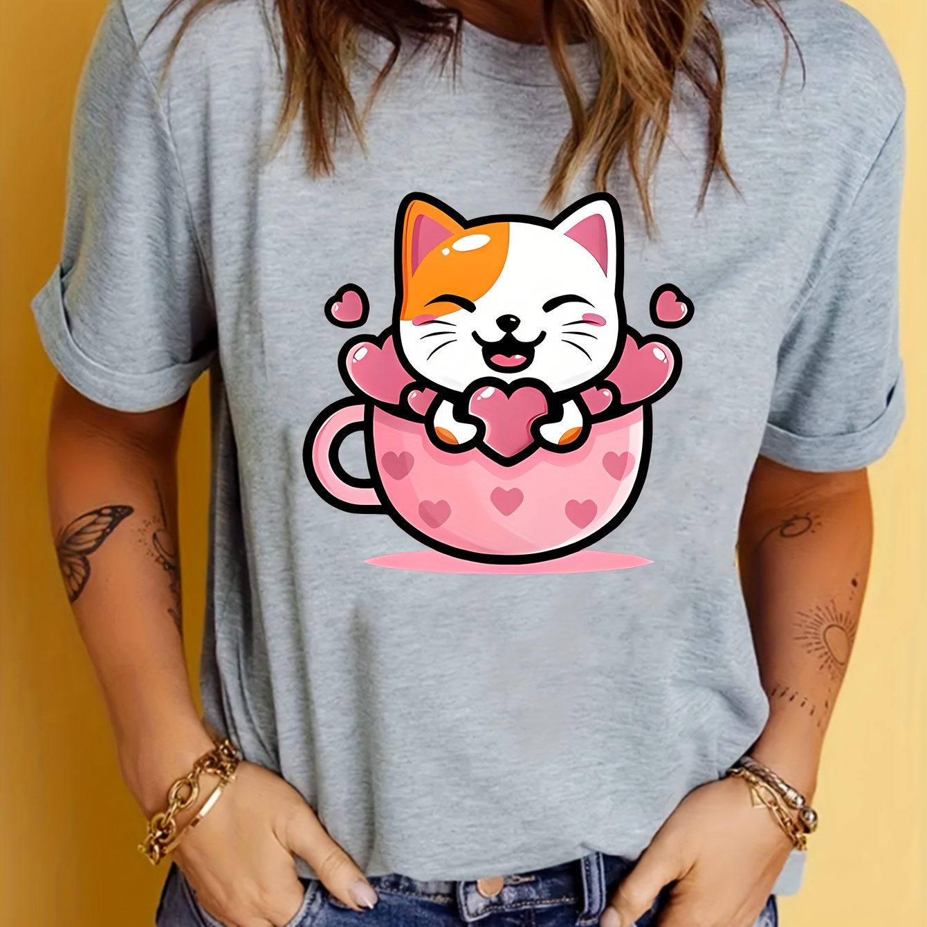 

Cute Cat Print Summer T-shirt, Casual Short Sleeve Crew Neck Top, Women's Clothing