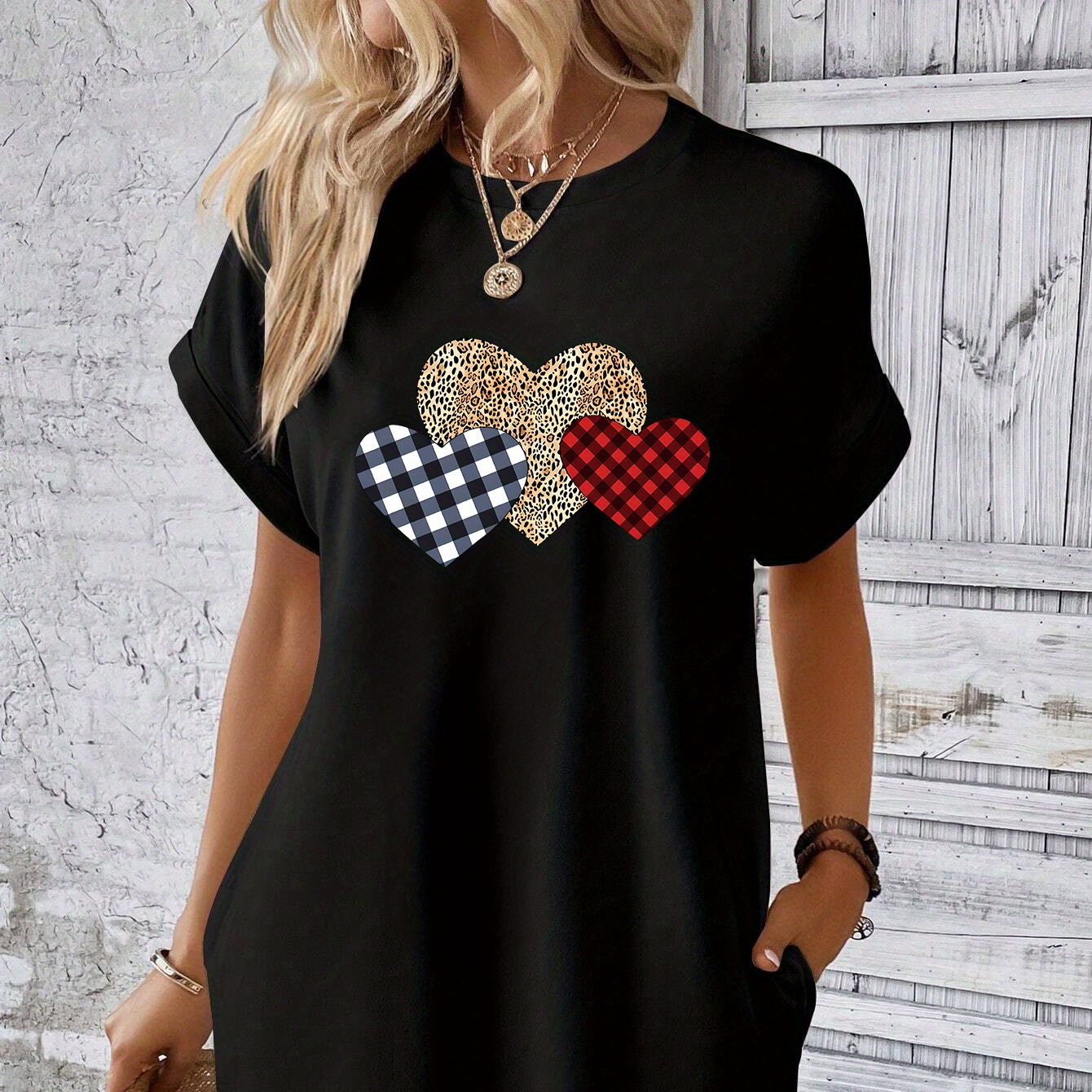 

Graphic Print Tee Dress, Short Sleeve Crew Neck Casual Dress For Summer & Spring, Women's Clothing