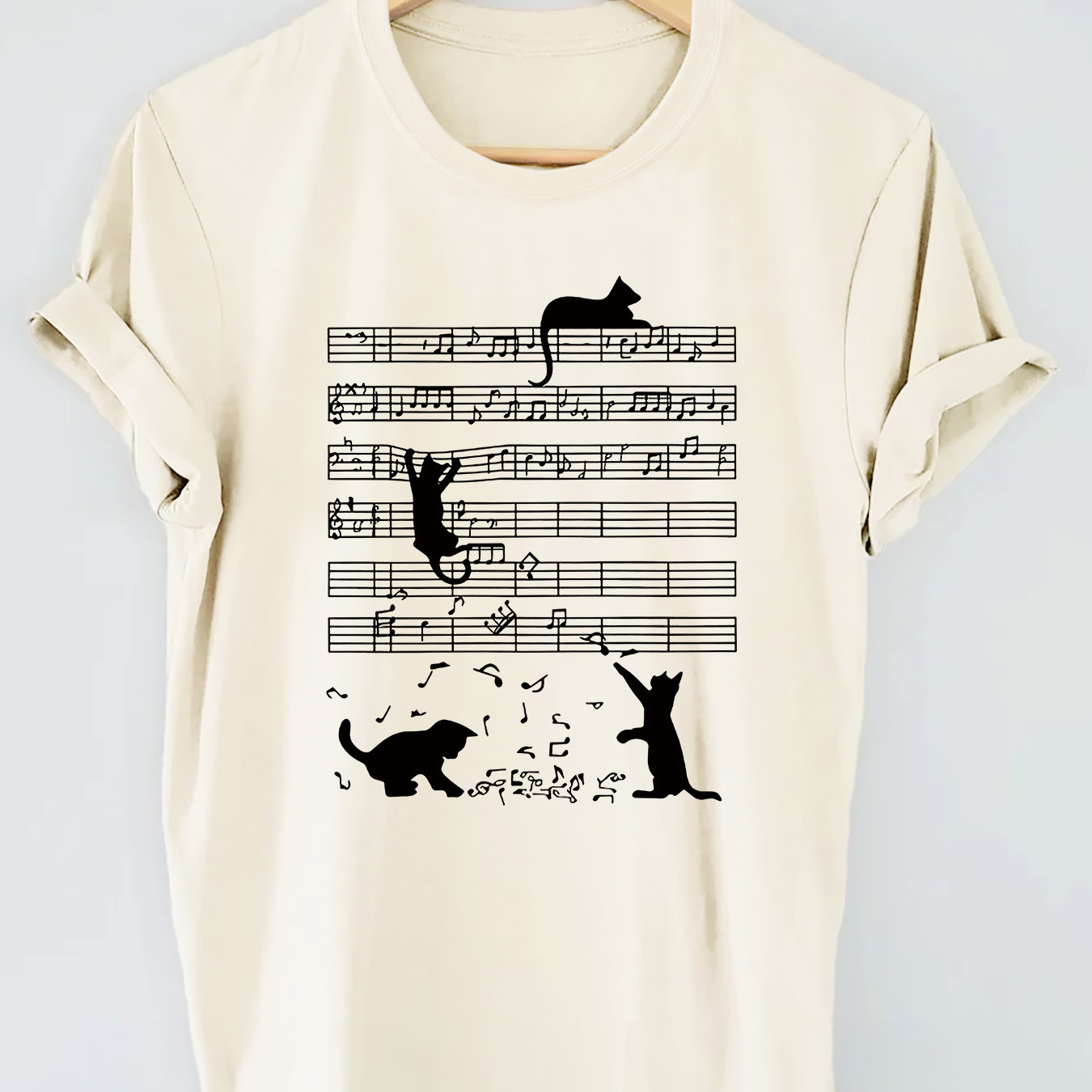 

Musical Notes & Cat Print T-shirt, Short Sleeve Crew Neck Casual Top For Summer & Spring, Women's Clothing