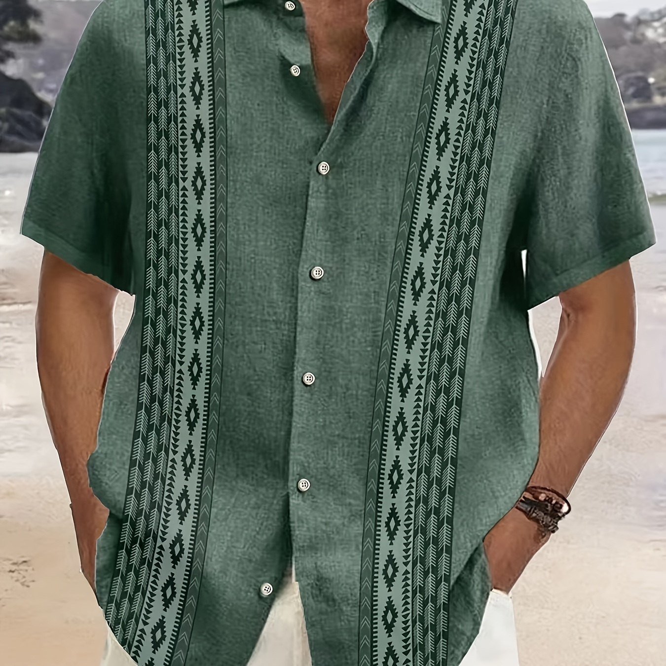 

Plus Size Men's Fashion Casual Solid Color Short Sleeve Shirt, Retro Bohemian Style, Summer Top