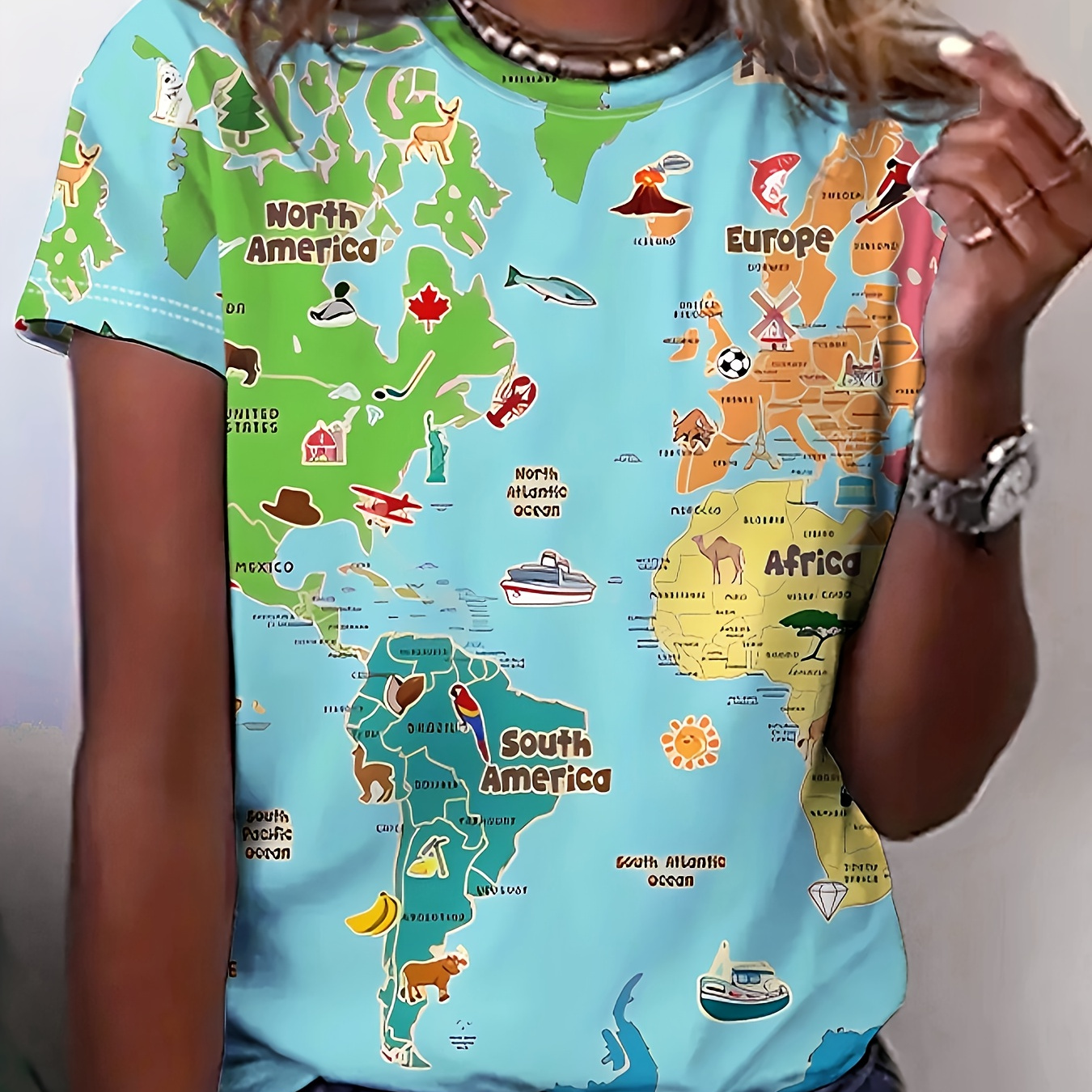 

Colorful Map Print T-shirt, Short Sleeve Crew Neck Casual Top For Summer & Spring, Women's Clothing