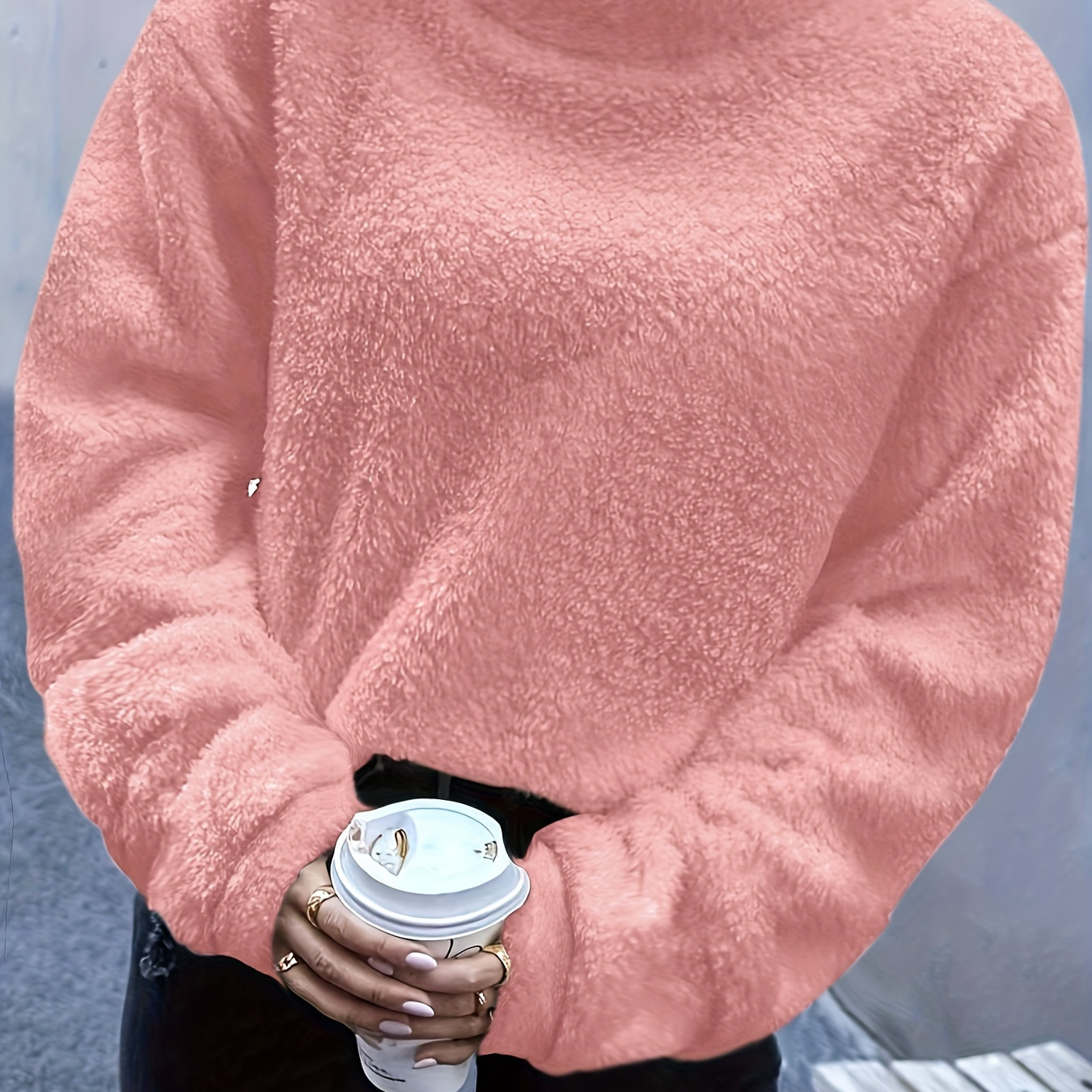 

Solid Mock Neck Fuzzy Sweatshirt, Casual Long Sleeve Crop Sweatshirt, Women's Clothing