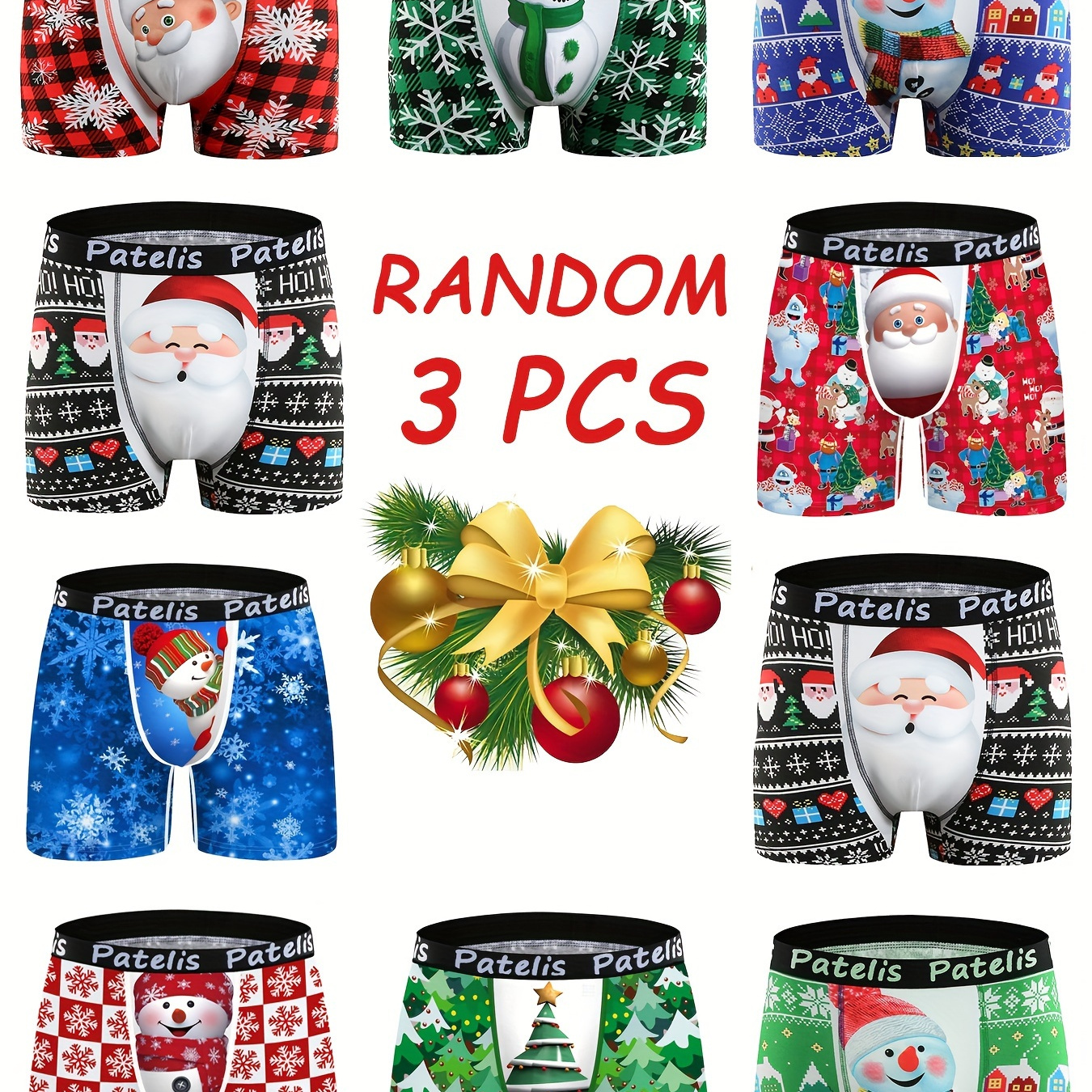 

3/5/7pcs Cartoon Christmas Style Plus Size Men's Underwear, Cotton Breathable Soft Comfy Quick Drying Long Boxer Briefs Shorts, Random Style