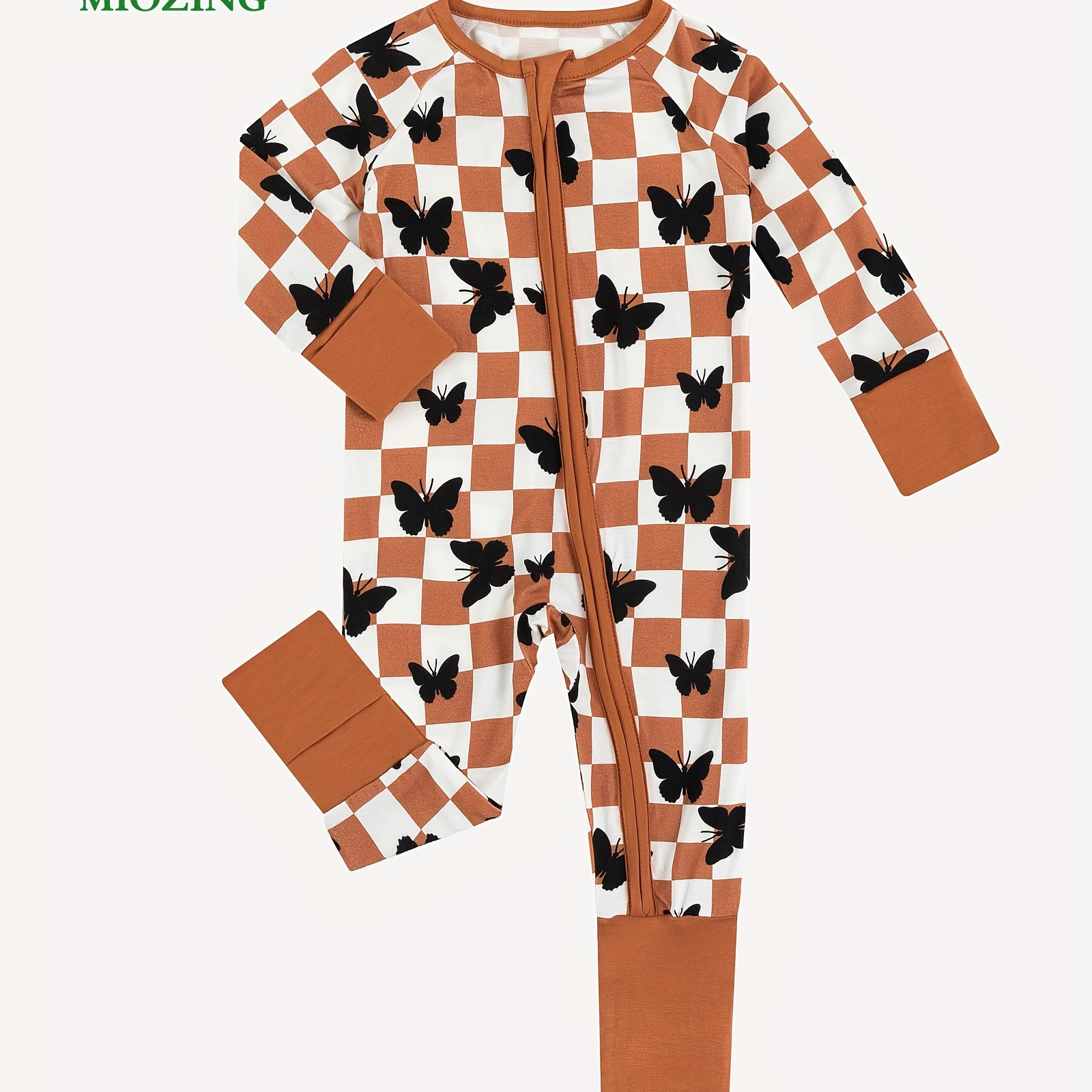 

Miozing Bamboo Fiber Bodysuit For Infants, Butterfly Checkerboard Pattern Long Sleeve Onesie, Baby Girl's Clothing