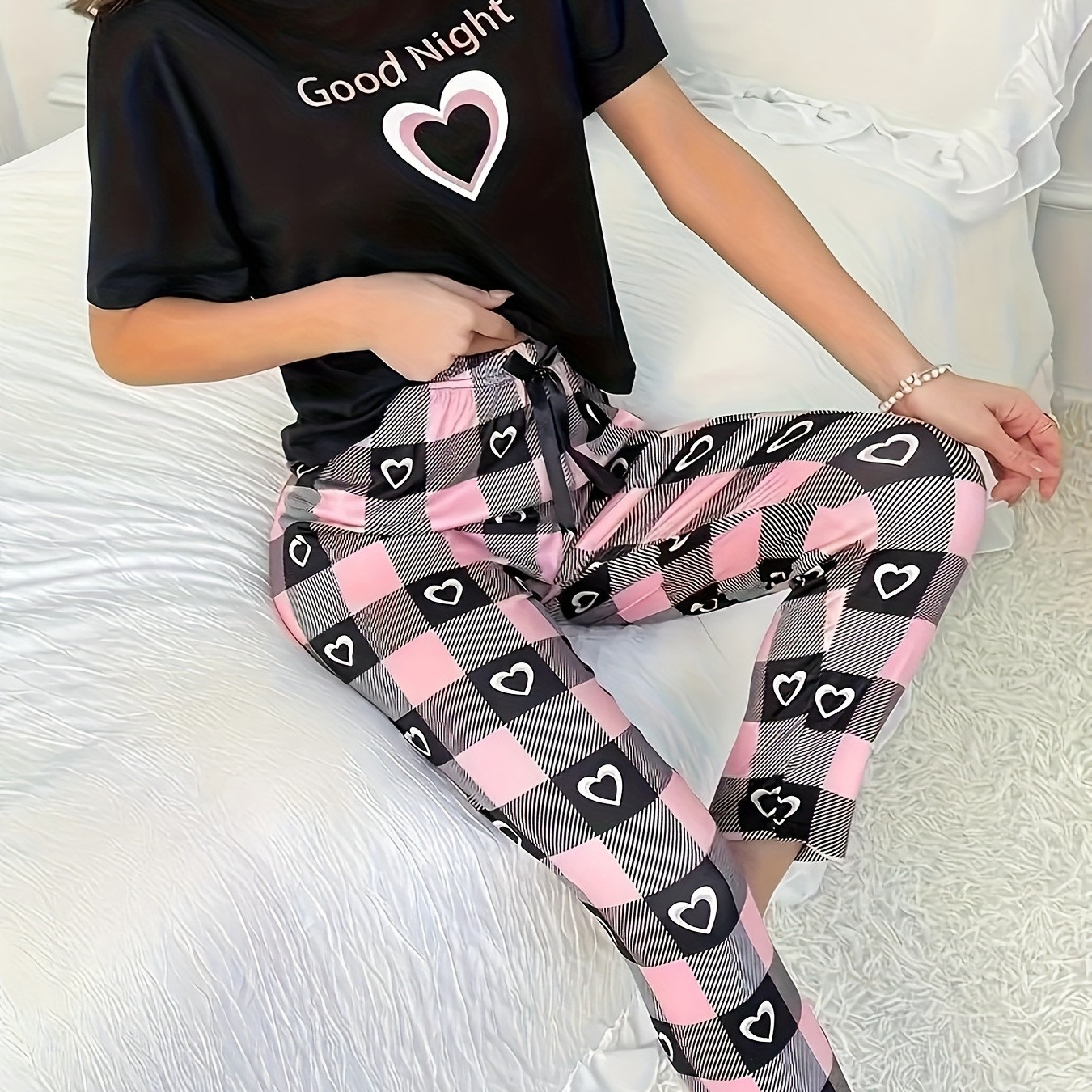 

Heart & Plaid & Slogan Print Pajama Set, Casual Short Sleeve Round Neck Top & Elastic Pants, Women's Sleepwear