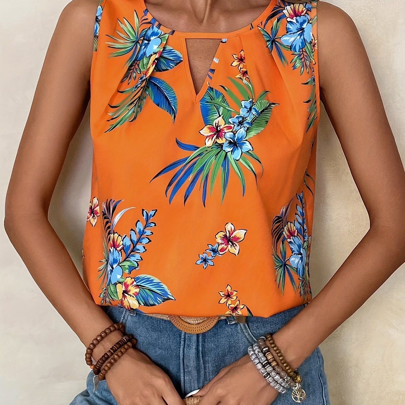 

Tropical Print Cut Out Blouse, Vacation Style Sleeveless Loose Blouse For Spring & Summer, Women's Clothing