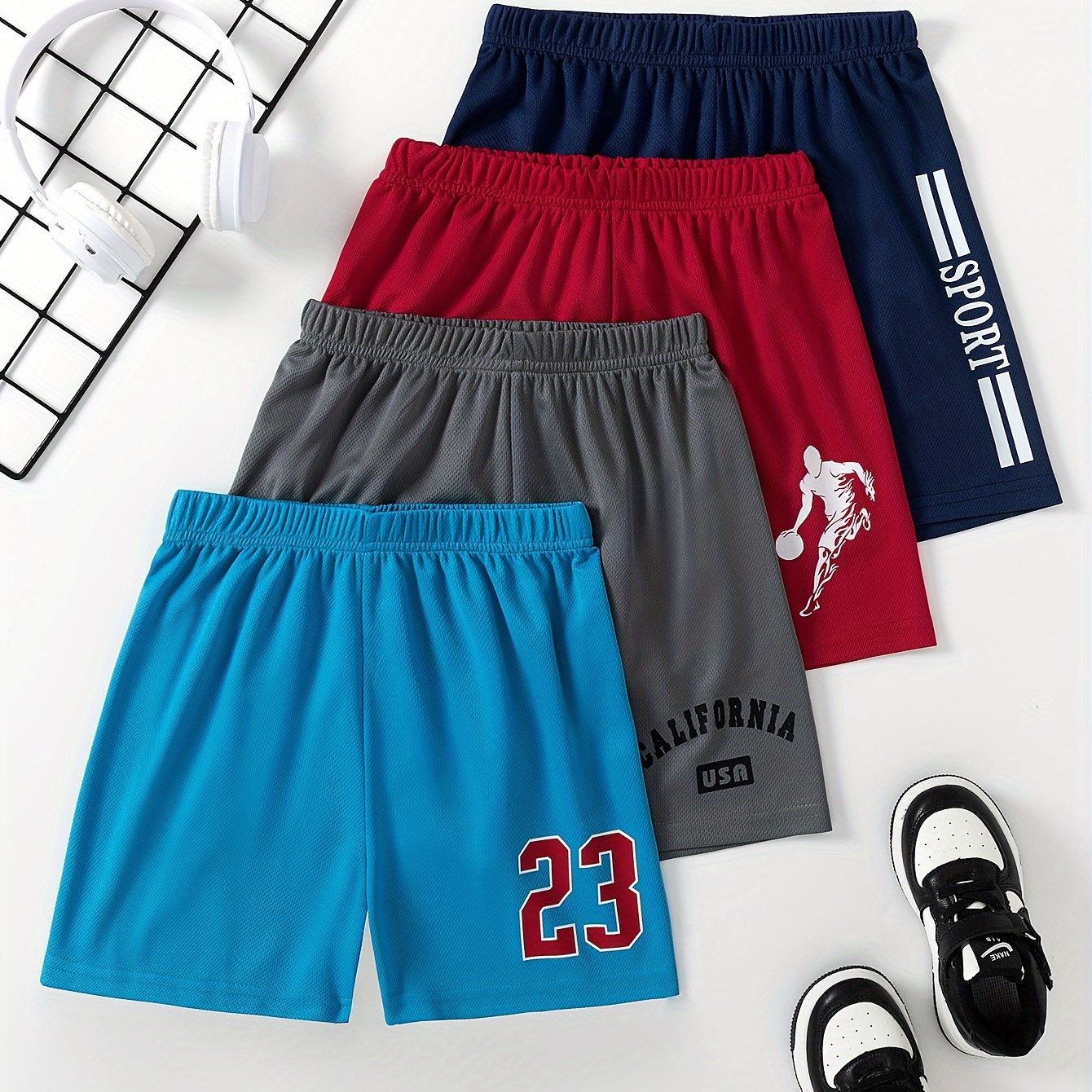 

4pcs Boy's 'sport' + '#23' + 'california' + Basketball Player Pattern Sprots Shorts For Spring And Summer - Casual Quick-drying Short Pants Trendy Gift