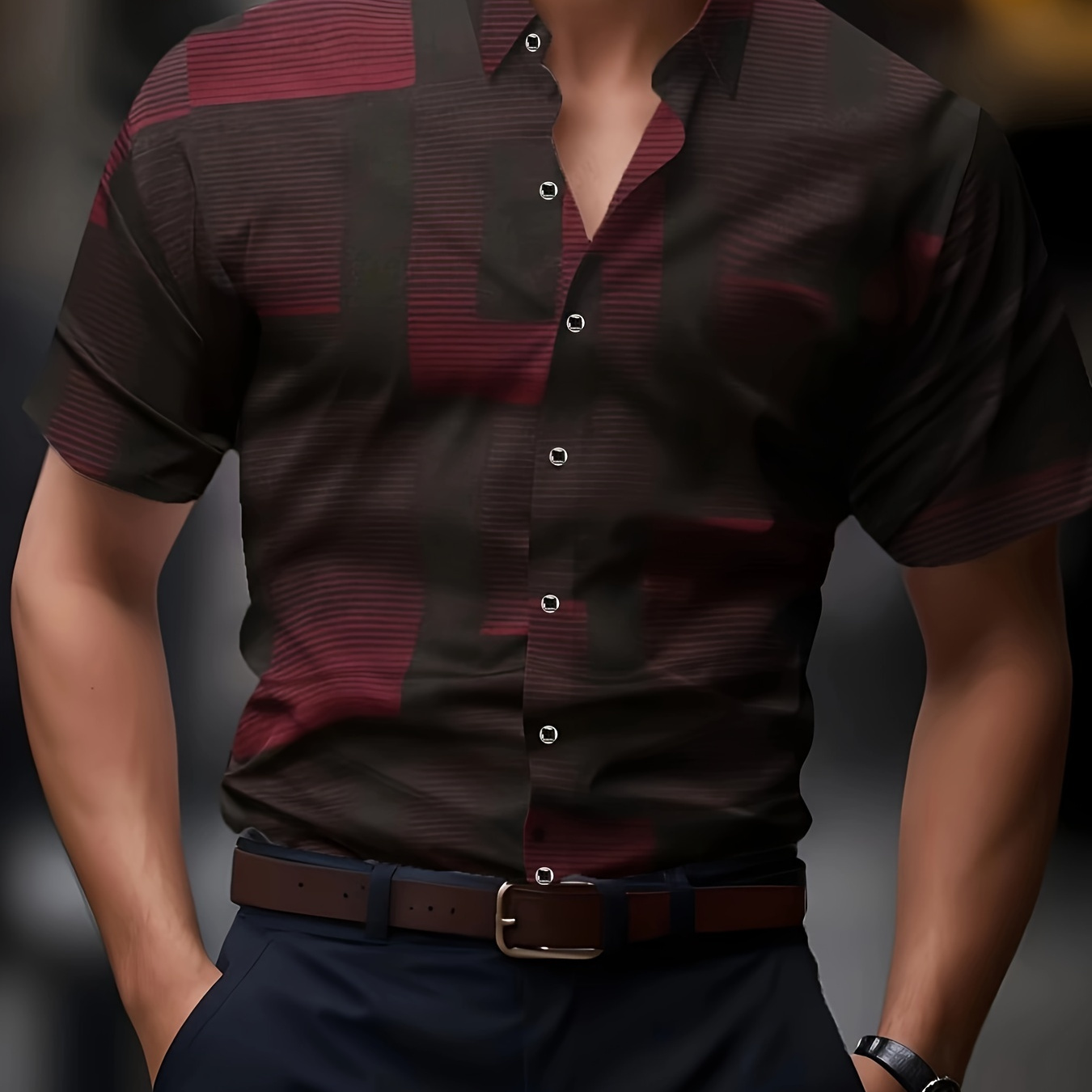 

Geometric Print Men's Summer Fashionable And Simple Short Sleeve Button Casual Lapel Shirt, Trendy And Versatile, Suitable For Dates, Beach Holiday, As Gifts