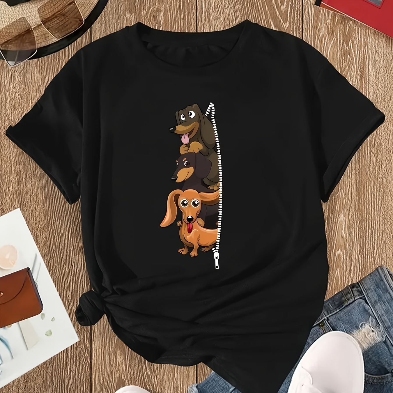 

Dog Print Casual T-shirt, Round Neck Short Sleeves Versatile Sports Tee, Women's Comfy Tops