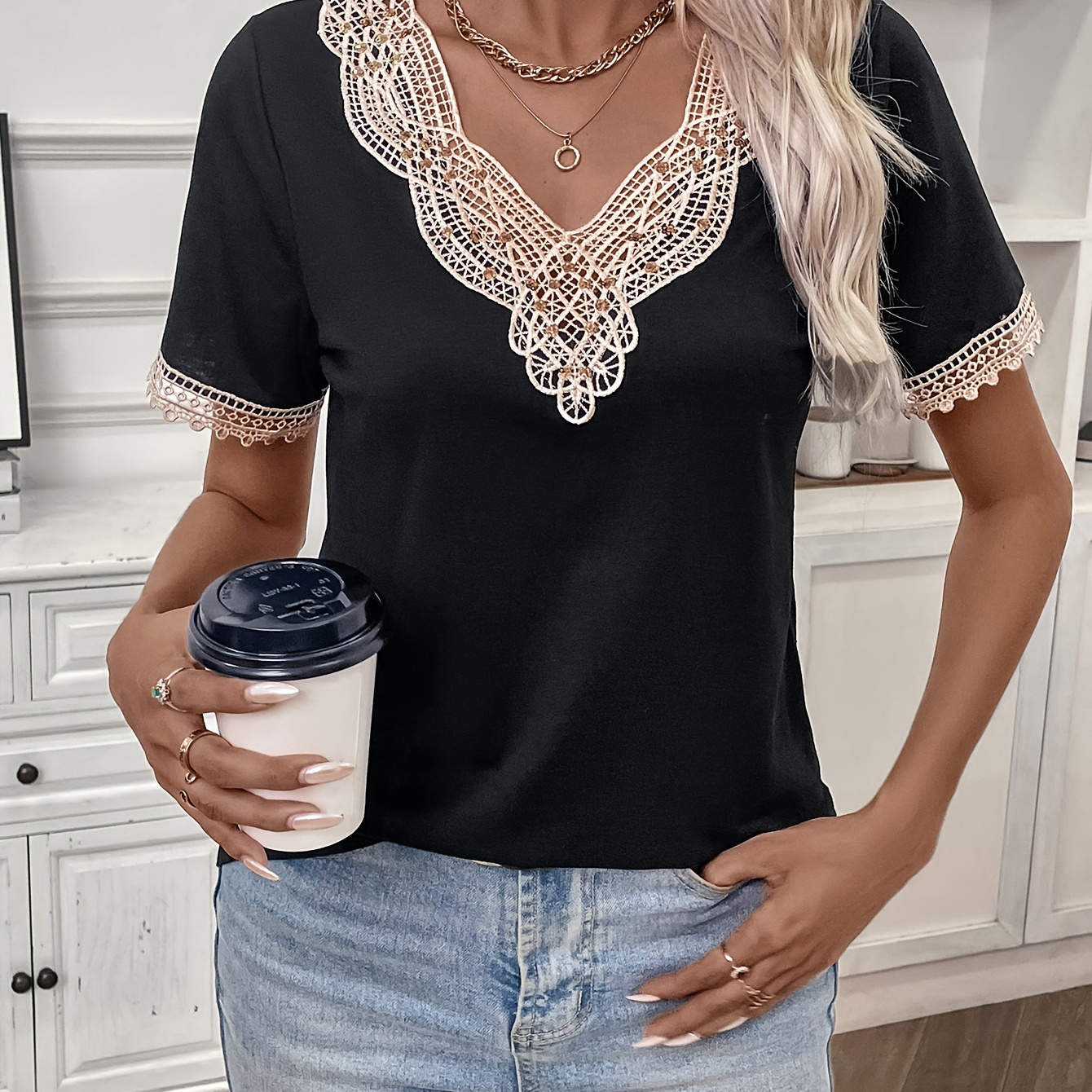 

Contrast Eyelet Lace V Neck T-shirt, Casual Short Sleeve Top For Spring & Summer, Women's Clothing