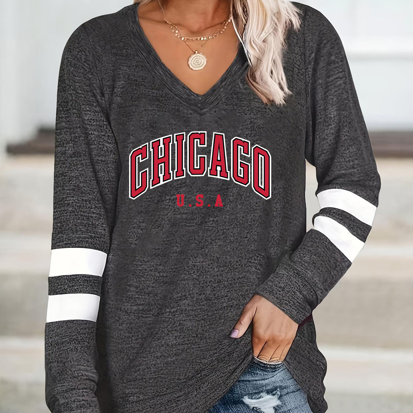 

Chicago Letter Print T-shirt, Long Sleeve V Neck Casual Top For Spring & Fall, Women's Clothing