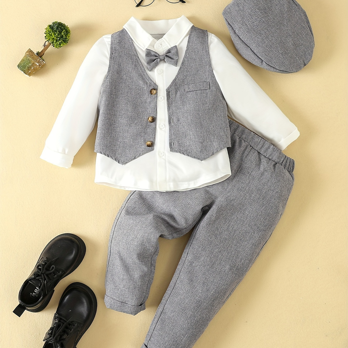 

Boys Gentleman Suit Set, Long Sleeve Shirt With Bowtie, Vest Waistcoat, Long Pants, Formal Cap, Elegant Outfit For Parties, Birthdays, Evening Events