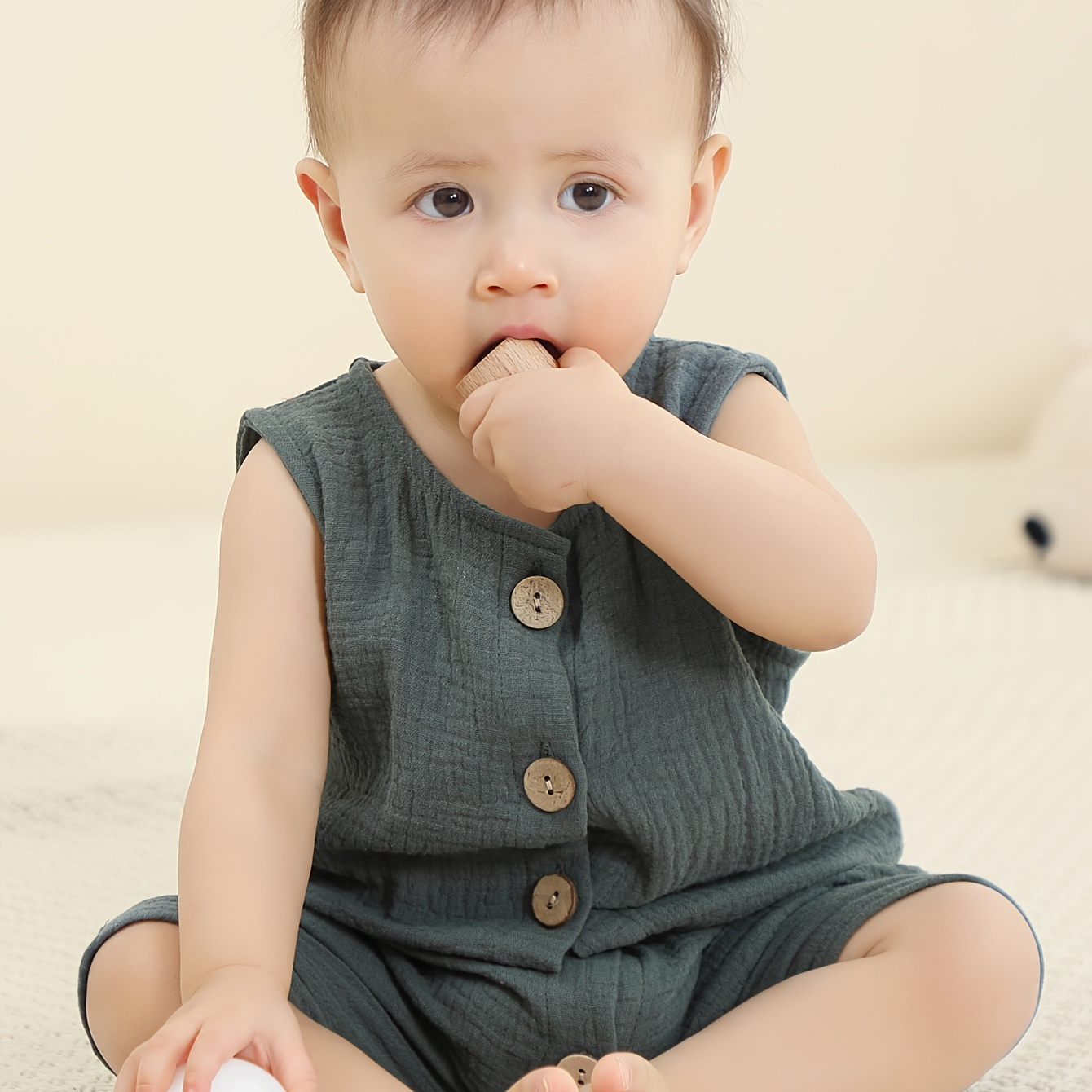 

Infant's Comfy Cotton Bodysuit For Sping/summer, Button Front Solid Color Sleeveless Romper, Baby Boy's Clothing, As Gift