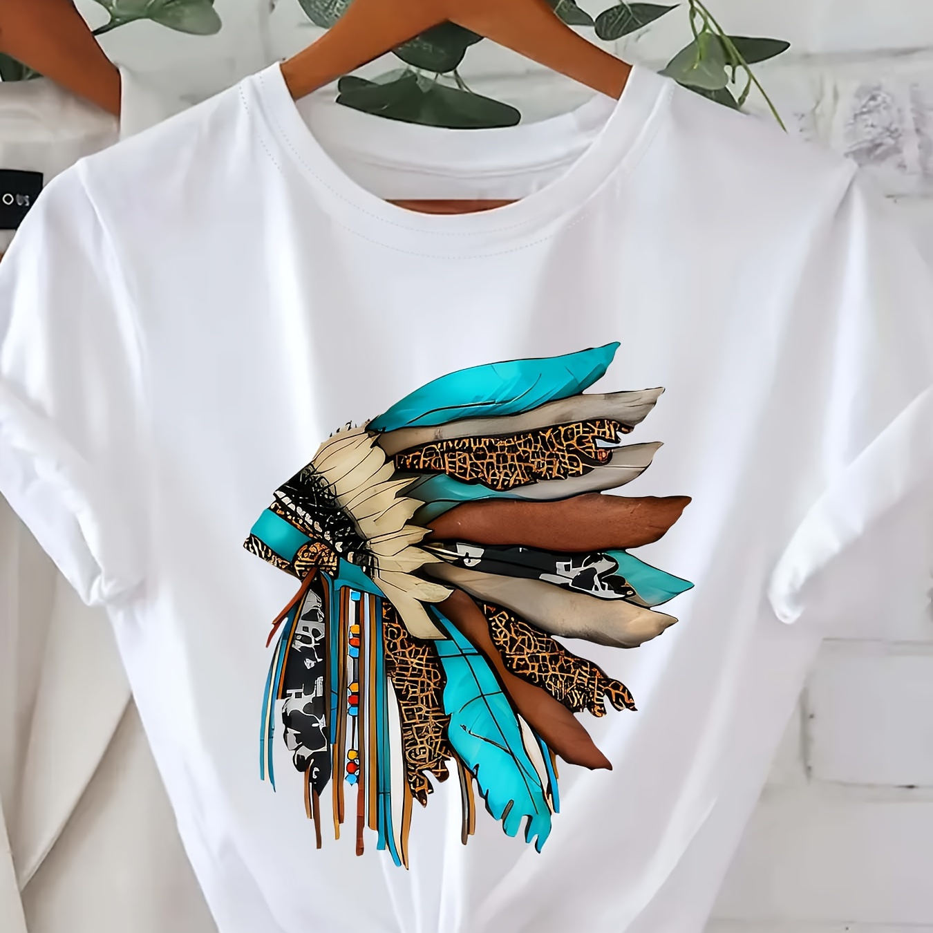 

Plus Size Bohemian Style Feather Headdress Print T-shirt, Relaxed Fit Short Sleeve Crew Neck Top For Summer & Spring, Women's Plus Size Clothing