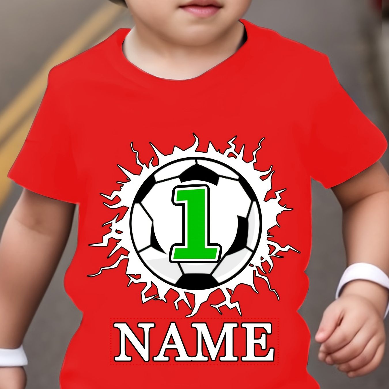 

Customizable Soccer Ball Number Graphic Print Short Sleeve T-shirt For Boys - Polycotton Blend, Crew Neck, Casual Style, Spring/summer/fall, Knit Fabric Tops For Children Aged 12 And Under