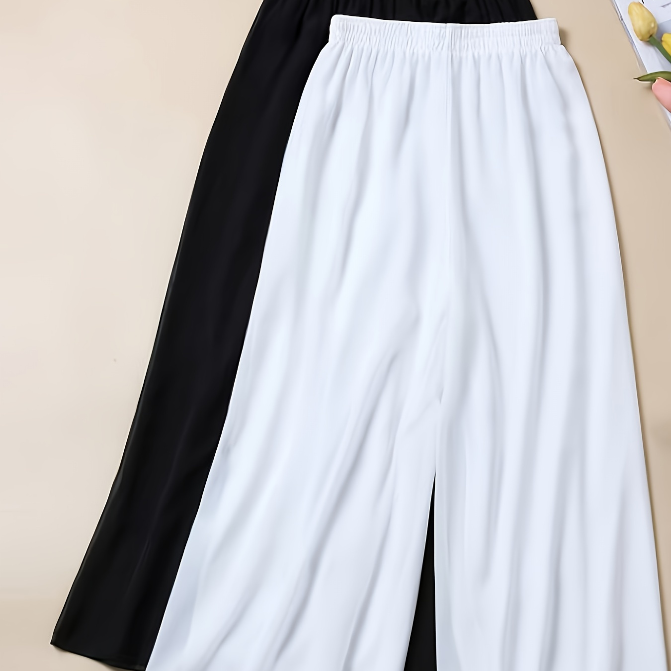 

2pcs Elegant Polyester Knit Straight Leg Pants For Women, Solid Color, Wide-leg Trousers