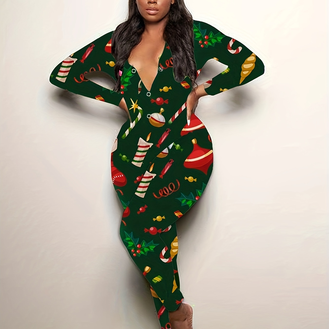 Christmas Print Lounge Jumpsuit, Cute Long Sleeve V Neck Buttons Jumpsuit, Women's Loungewear & Sleepwear