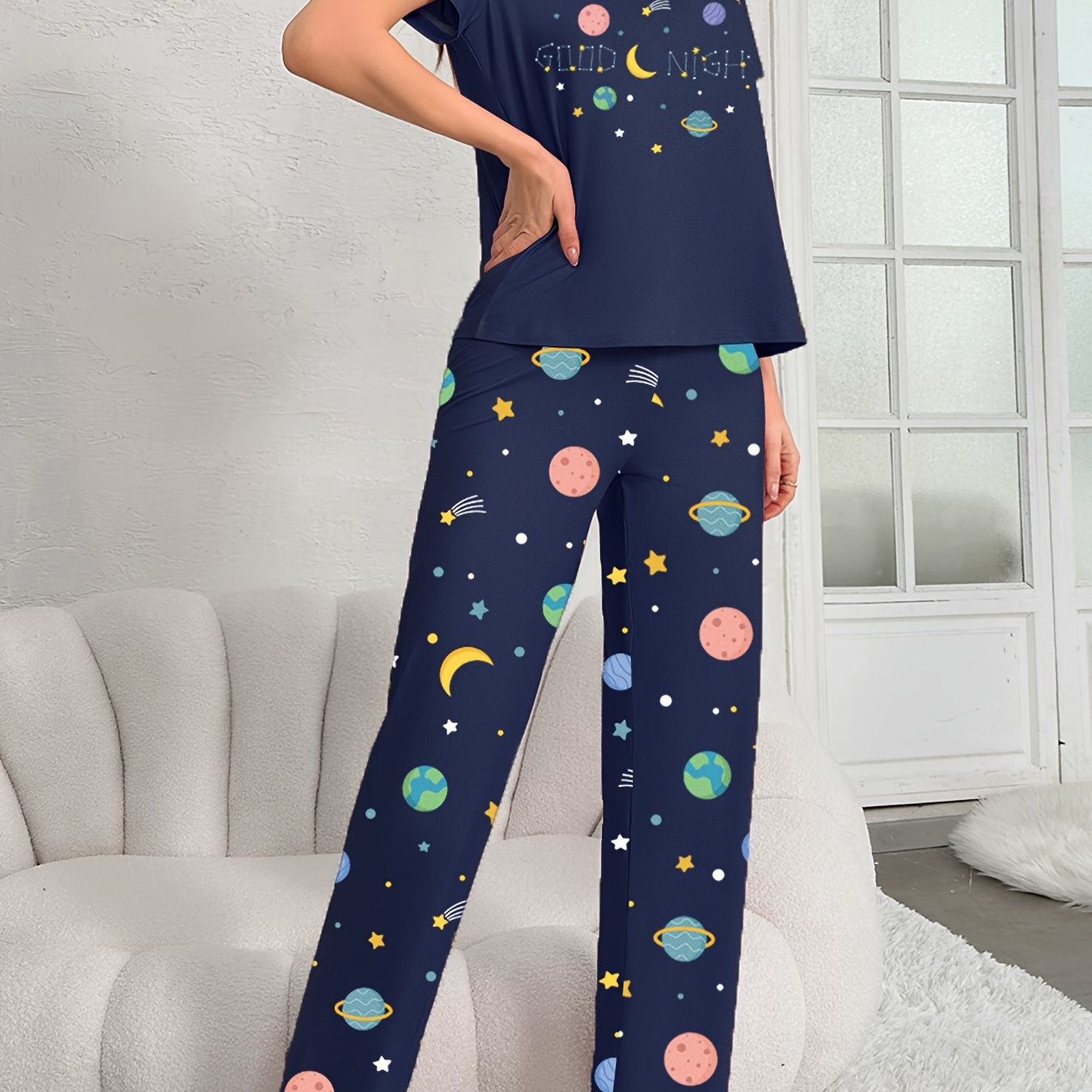 

Planet Print Pajama Set, Short Sleeve Round Neck Top & Elastic Pants, Women's Sleepwear