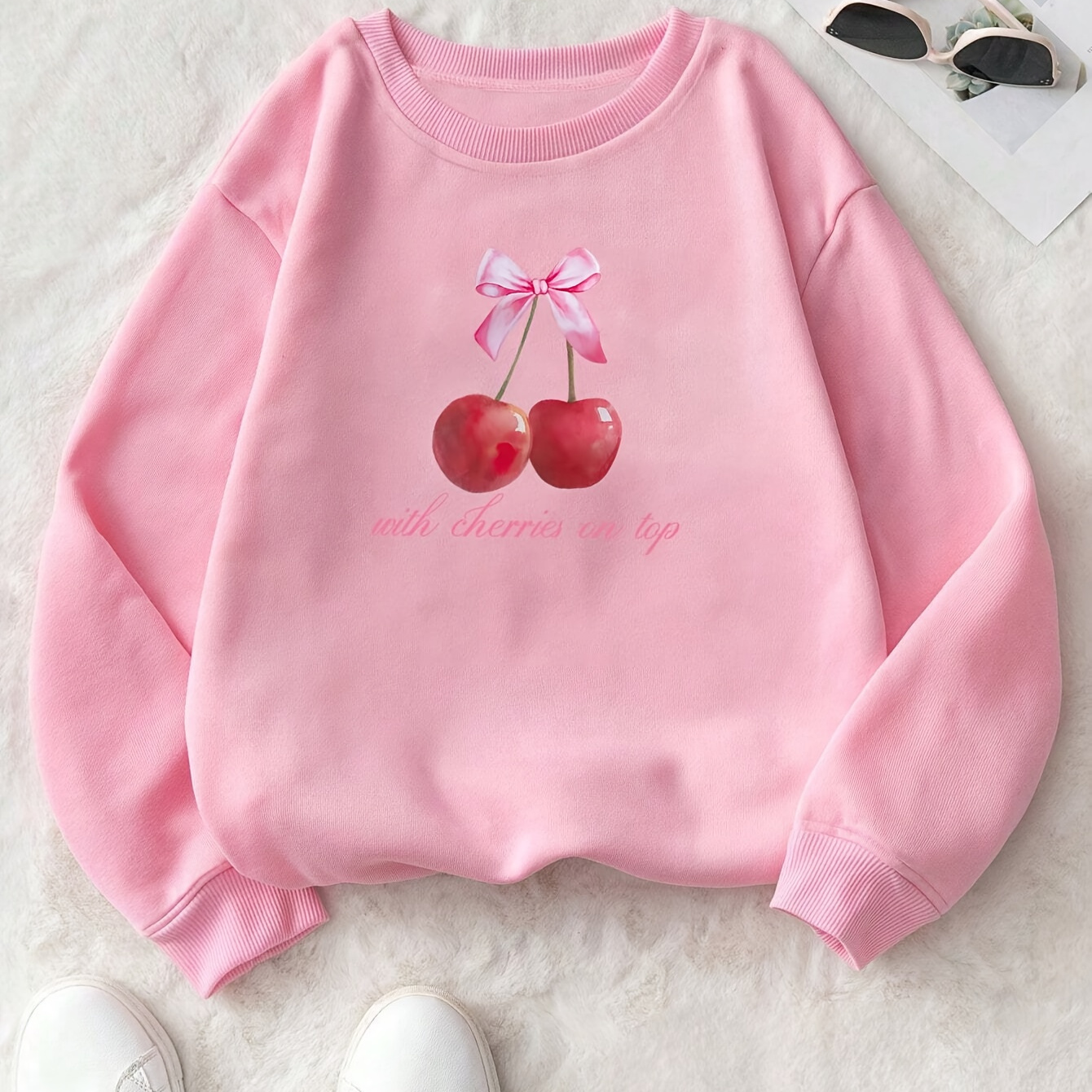 

Cherry Print Pullover Sweatshirt, Casual Long Sleeve Crew Neck Sweatshirt For Fall & Winter, Women's Clothing