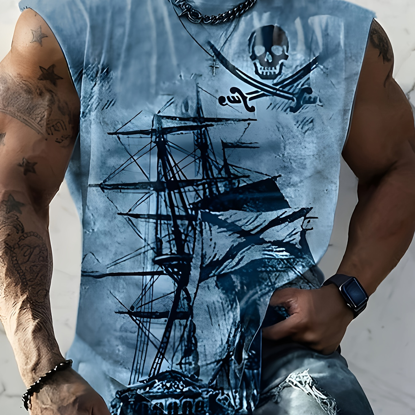 

Men's Plus Size Pirate Ship Graphic Tank Top - Breathable Polyester, Sleeveless Shirt For Summer, Plus Size