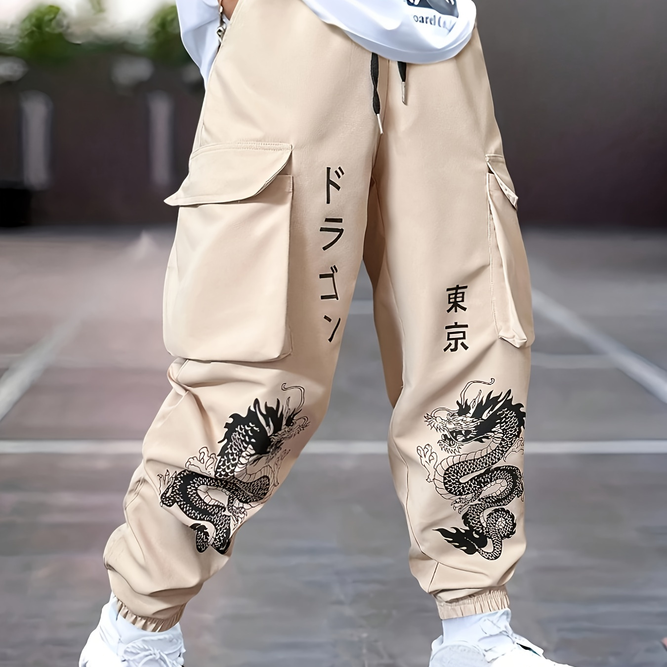 

Men's Trendy Dragon Pattern Print Footed Cargo Pants With , Comfy Casual Loose Fit Trousers For Spring/fall Outdoor Activities