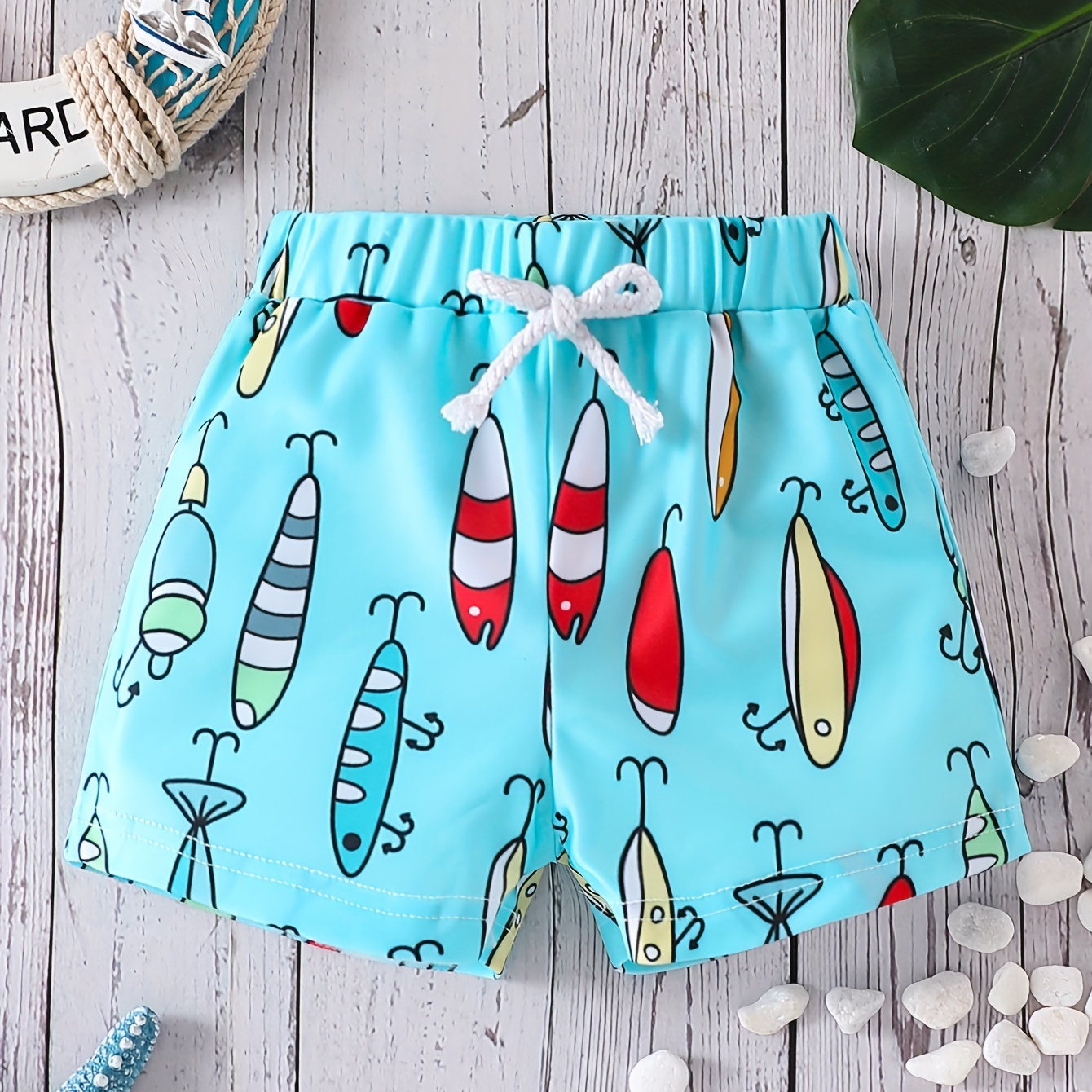 

Baby Boys' Cartoon Print Swim Trunks, Vacation Style, Quick-dry Beachwear Shorts With Drawstring For Infants