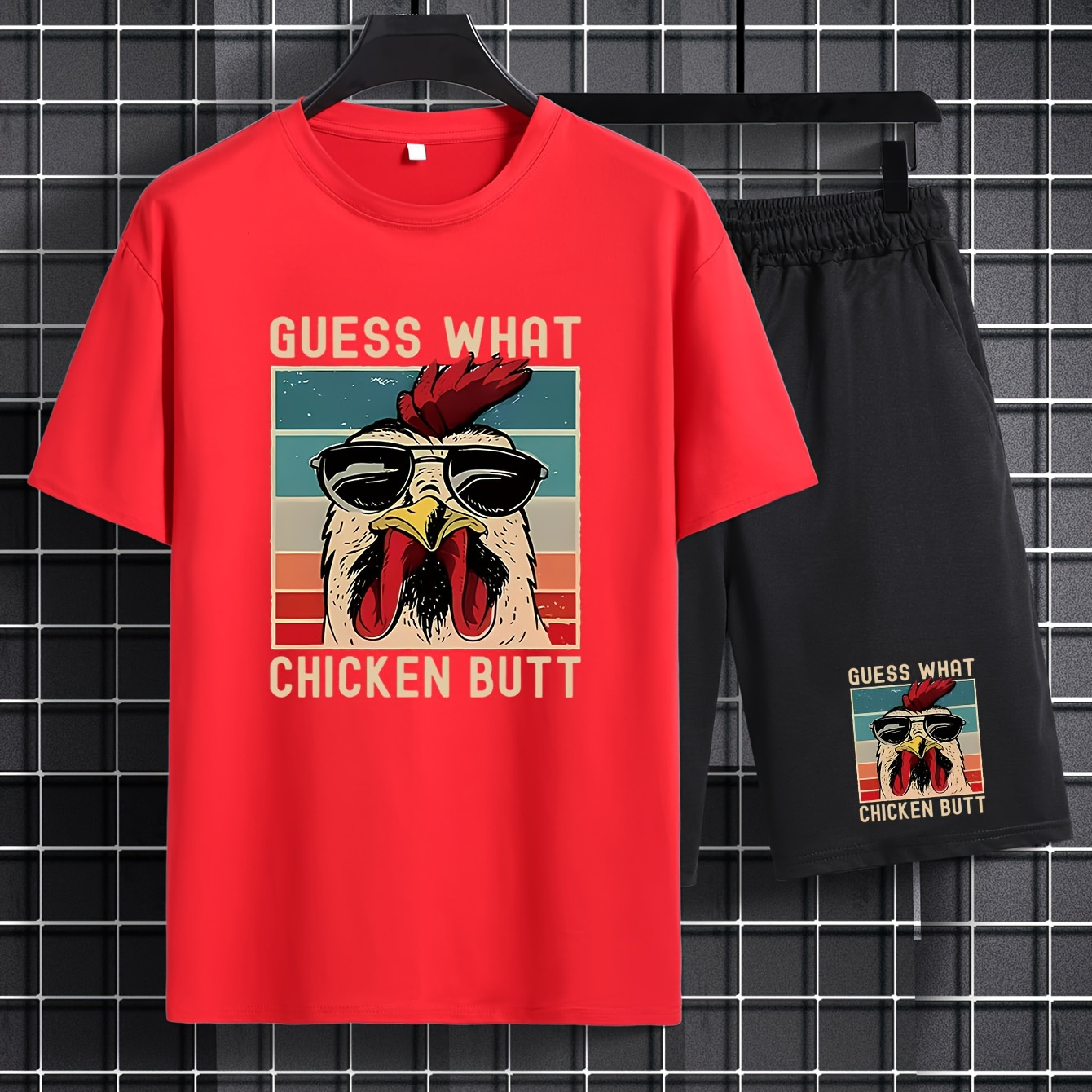 

Plus Size Men's Anime Rooster Graphic Print T-shirt & Shorts Set For Summer, Men's Clothing