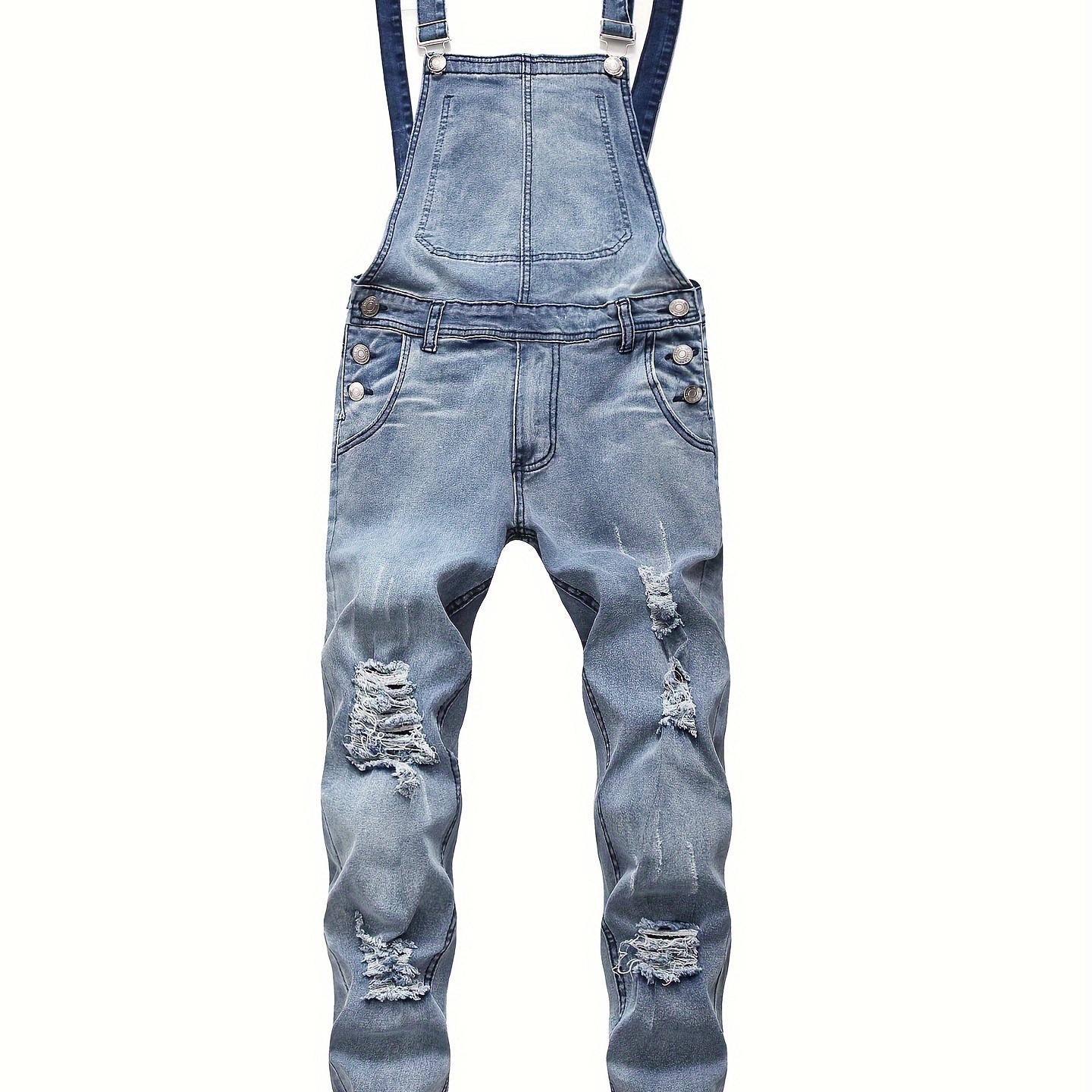 

Men's Fashion Ripped Distressed Denim Overalls, Long Pants With Adjustable Straps For Casual Daily Wear