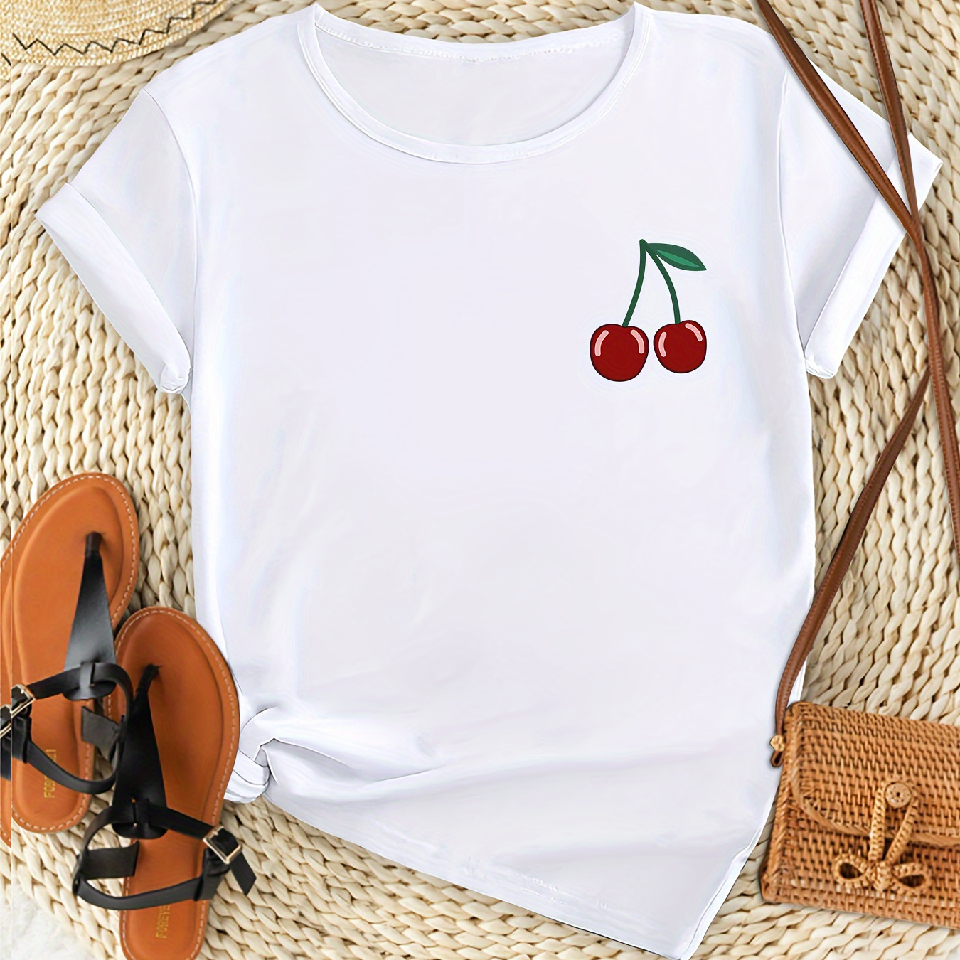 

Women's Casual Summer T-shirt With Cherry Print - Comfy Polyester, Crew Neck, Short Sleeve, Machine Washable