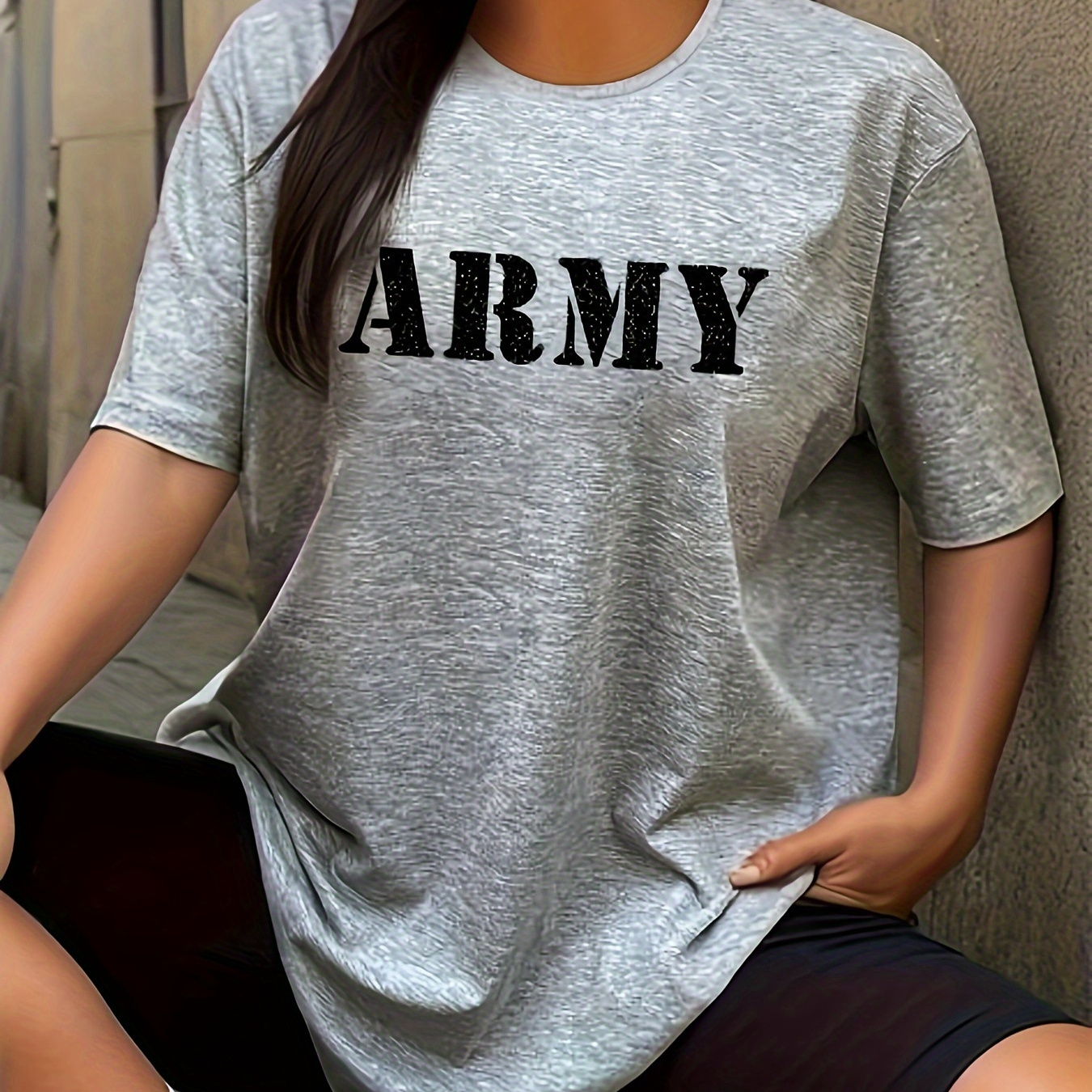 

Women's Plus Size Casual Sporty T-shirt, Army Letter Print, Independence Day Outfit 4th Of July Comfort Fit Short Sleeve Tee, Fashion Breathable Casual Top