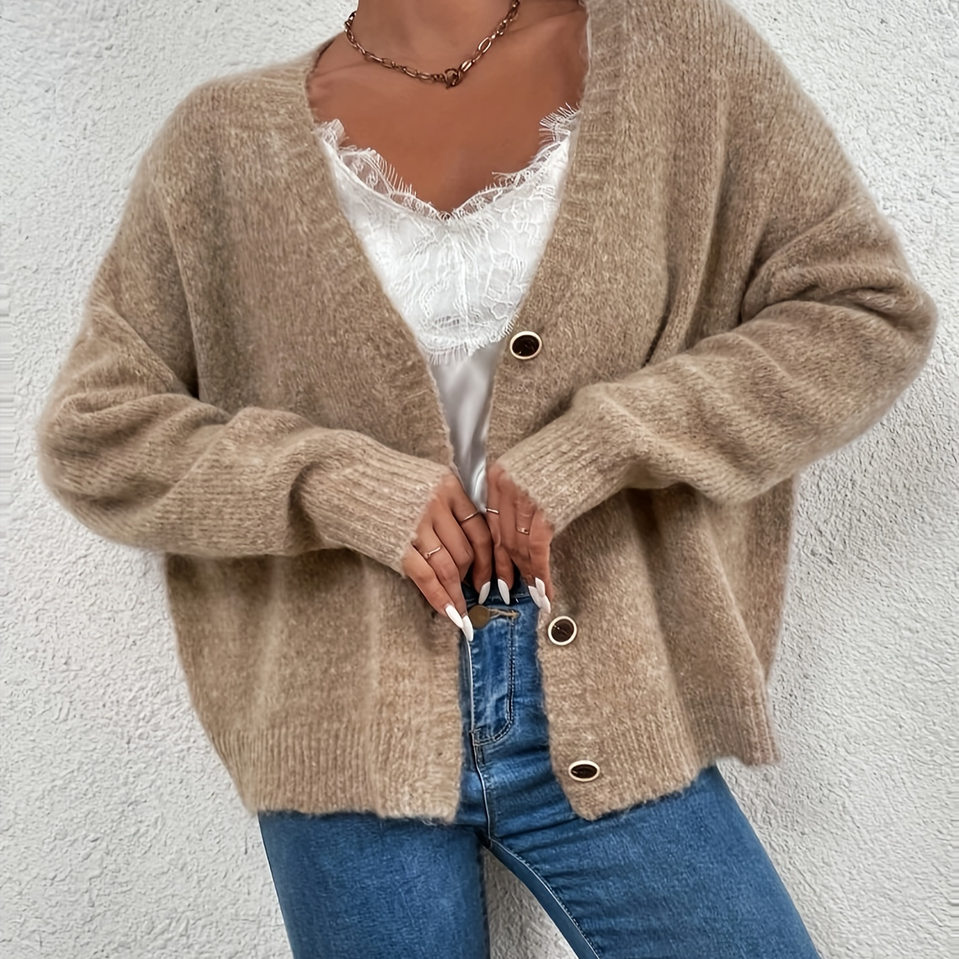 

Cardigan tricoté boutonné sur le devant, cardigan décontracté à manches longues et col en V pour l'automne et l'hiver, vêtements pour femmes