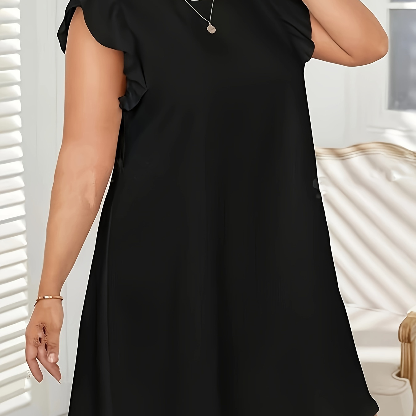 

Plus Size Solid Cap Sleeve Dress, Crew Neck Casual Dress For Spring & Summer, Women's Plus Size clothing